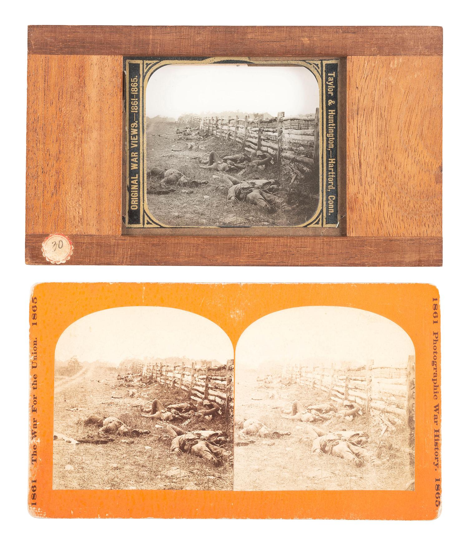 [CIVIL WAR]. GARDNER, Alexander, photographer. A group of 2 images of fallen Confederate soldiers at Antietam, including stereoview and magic lantern slide. Hartford, CT: Taylor & Huntington.