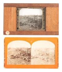 [CIVIL WAR]. GARDNER, Alexander, photographer. A group of 2 images of fallen Confederate soldiers at Antietam, including stereoview and magic lantern slide. Hartford, CT: Taylor & Huntington.
