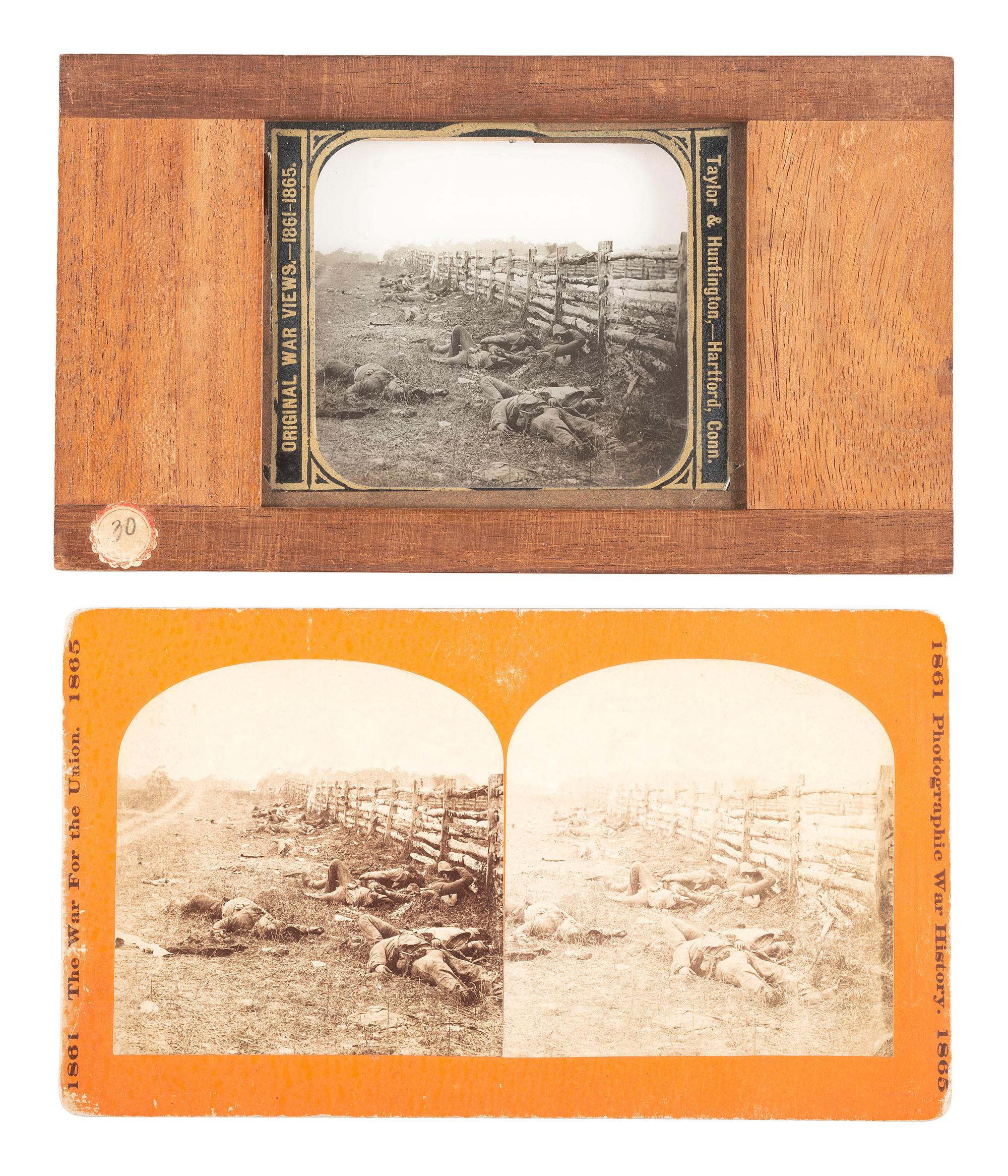 [CIVIL WAR]. GARDNER, Alexander, photographer. A group of 2 images of fallen Confederate soldiers at Antietam, including stereoview and magic lantern slide. Hartford, CT: Taylor & Huntington.