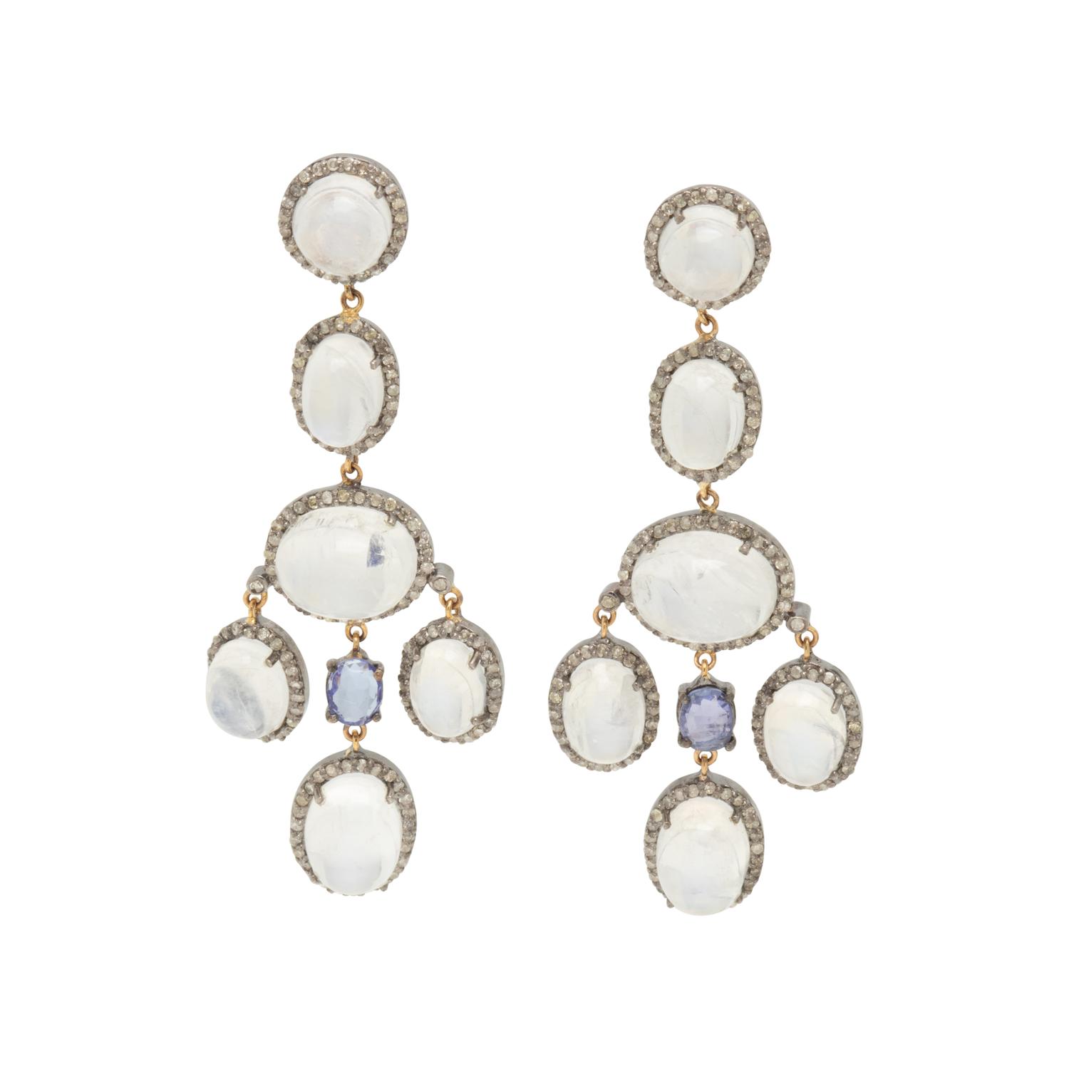 MOONSTONE, TANZANITE AND DIAMOND EARRINGS