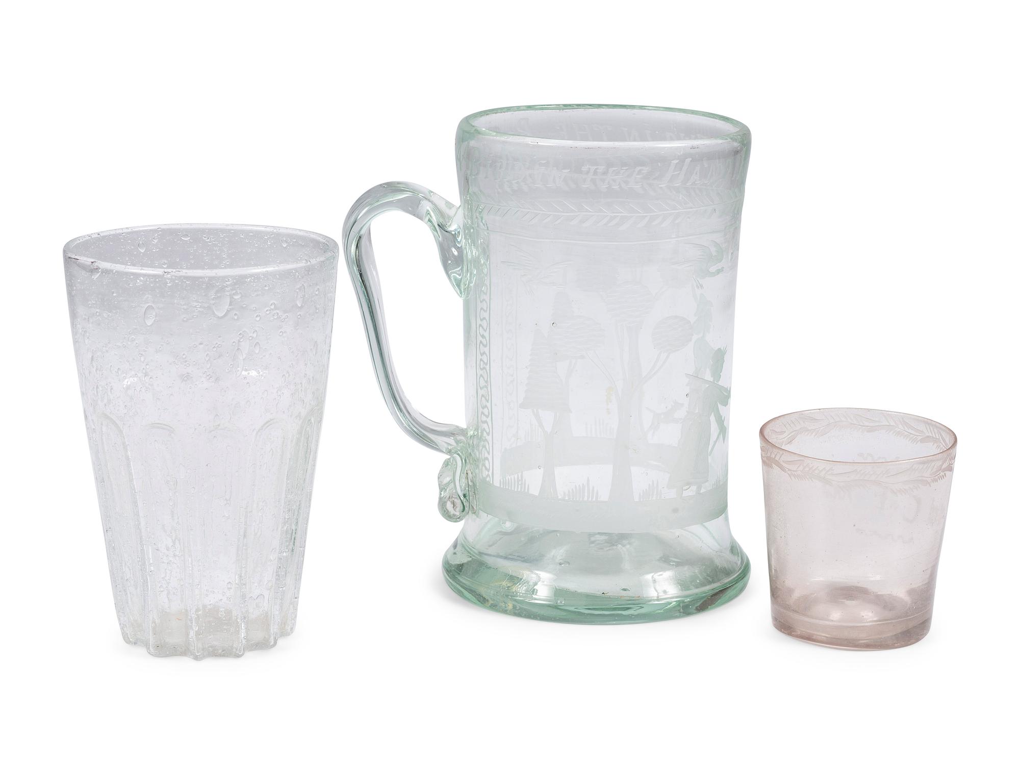 Three Etched and Blown Glass Drinking Vessels