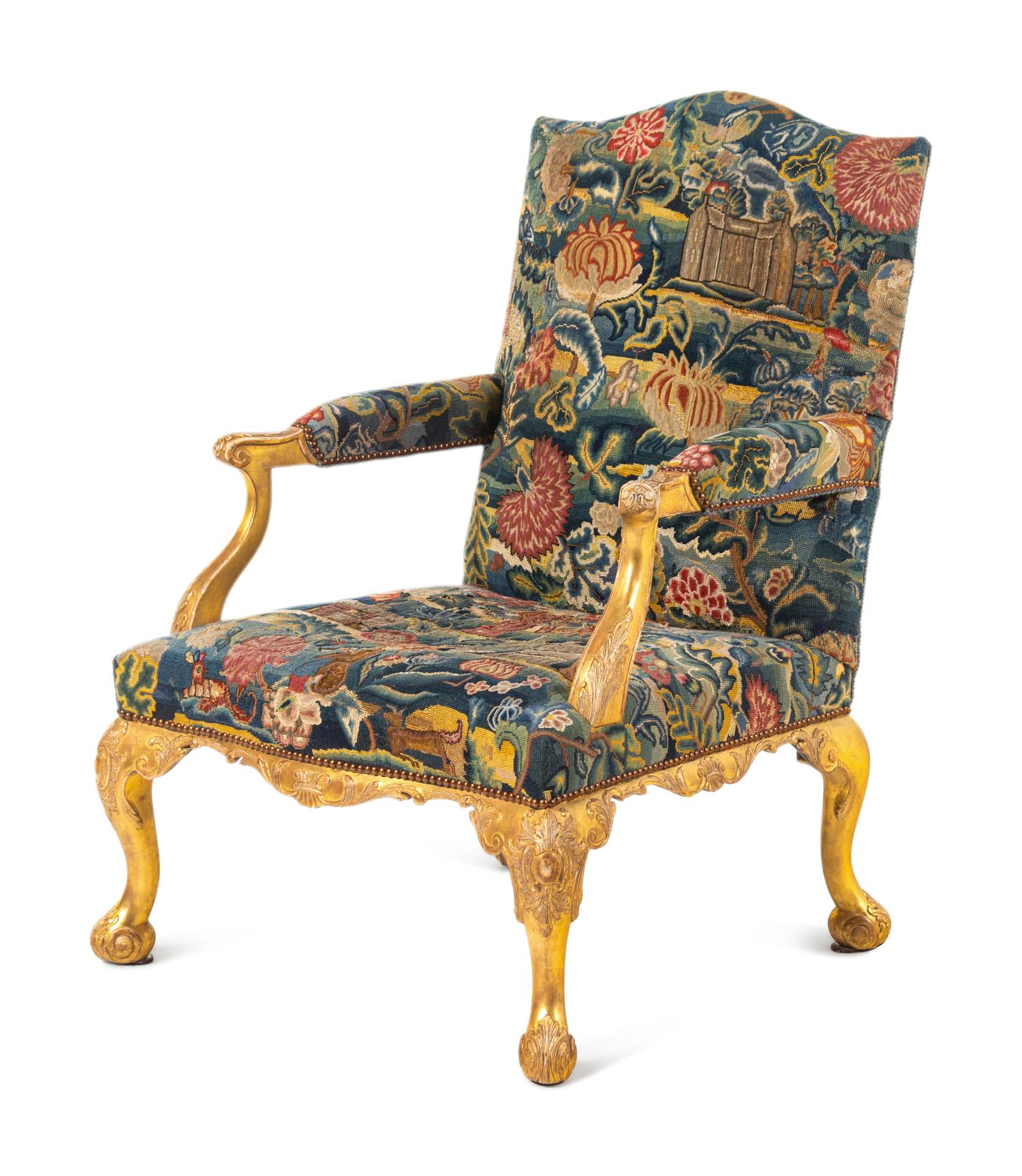 A George II Petit Point and Gros Point-Upholstered Gilt-Gesso Library Armchair