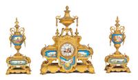 A Sevres Style Porcelain Mounted Gilt Bronze Three-Piece Clock Garniture Height of clock 19 inches. — PHILLIPE H. MOUREY, PARIS, 19TH CENTURY