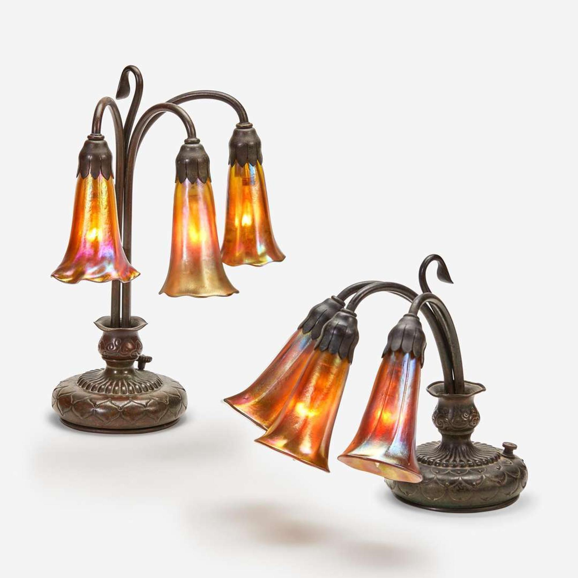 Tiffany Studios Two Three-Light "Lily" Table Lamps, circa 1905