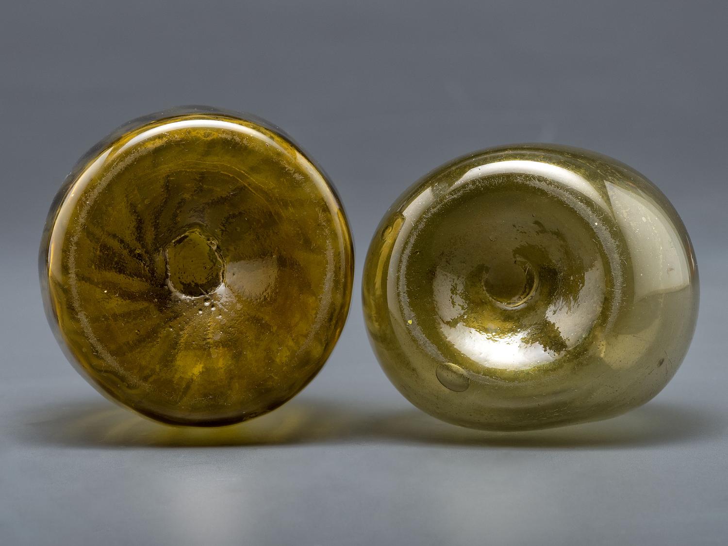 Two Blown Glass Bottles in Olive