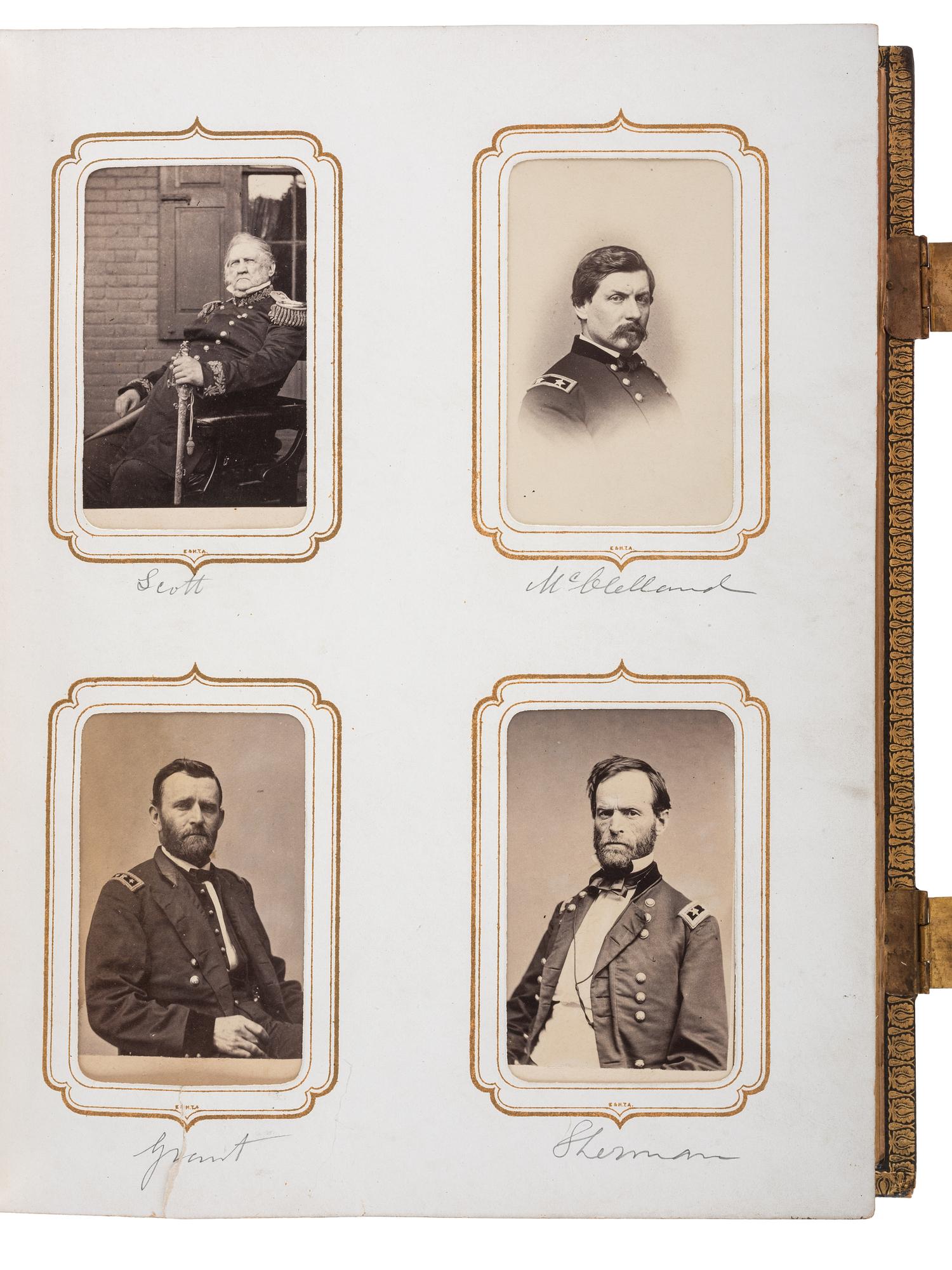 [CIVIL WAR]. BRADY, Mathew, photographer. Exceptional album containing 120 CDVs of Union generals and officers, incl. Joshua Chamberlain and George A. Custer. New York, NY: E. & H.T. Anthony, 1860s.