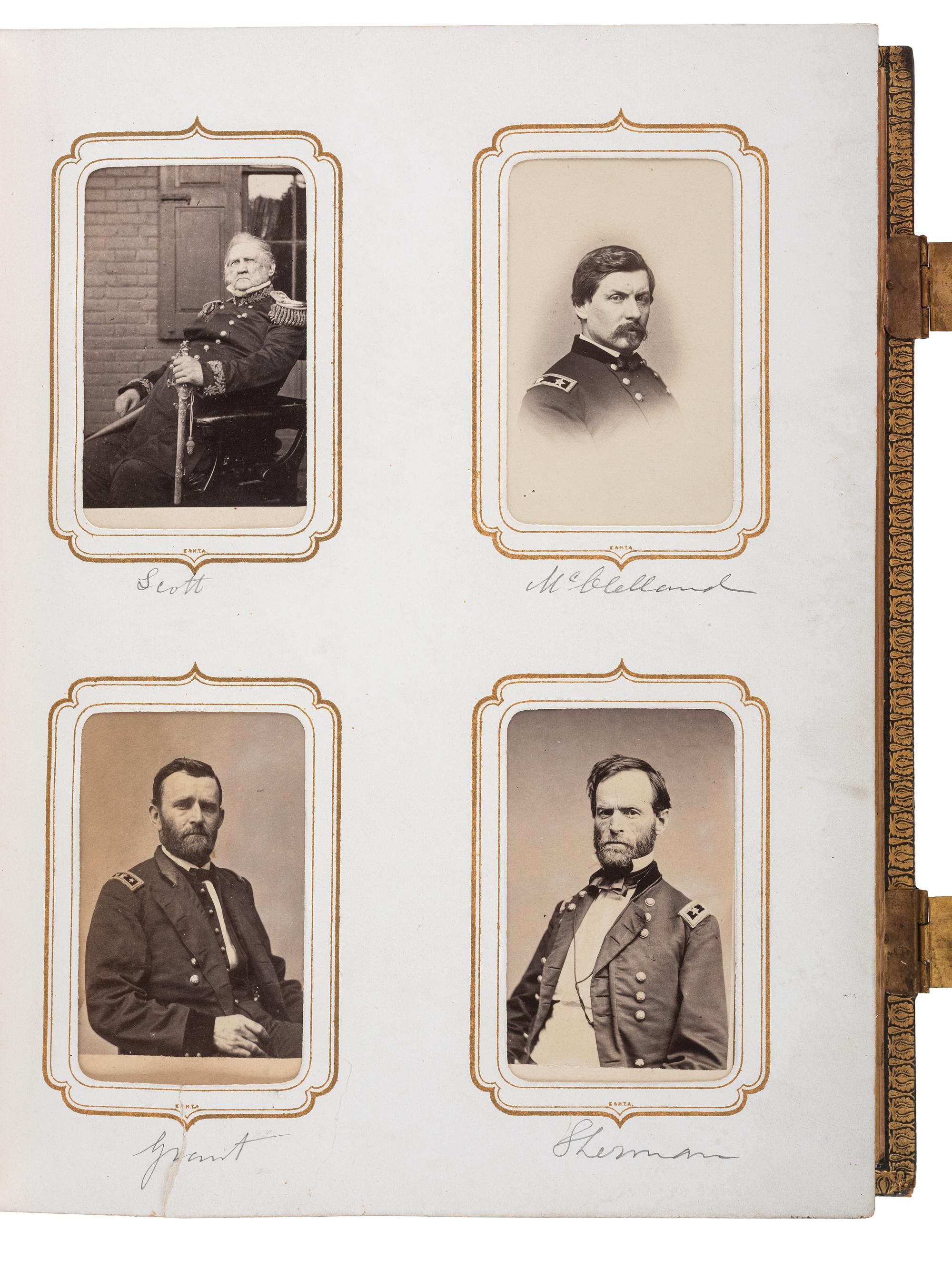 [CIVIL WAR]. BRADY, Mathew, photographer. Exceptional album containing 120 CDVs of Union generals and officers, incl. Joshua Chamberlain and George A. Custer. New York, NY: E. & H.T. Anthony, 1860s.