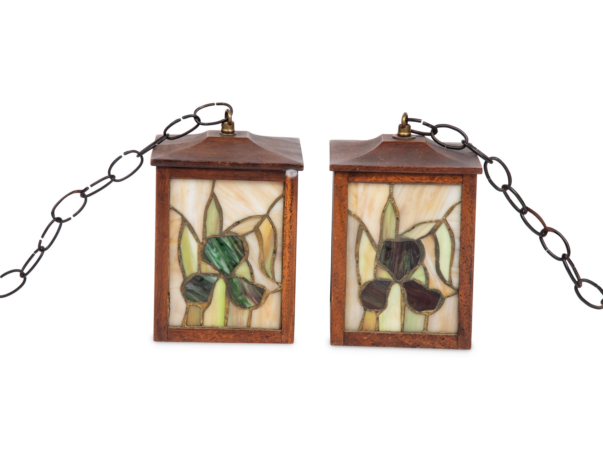 A Pair of Arts and Crafts Style Leaded Glass Pendant Lights