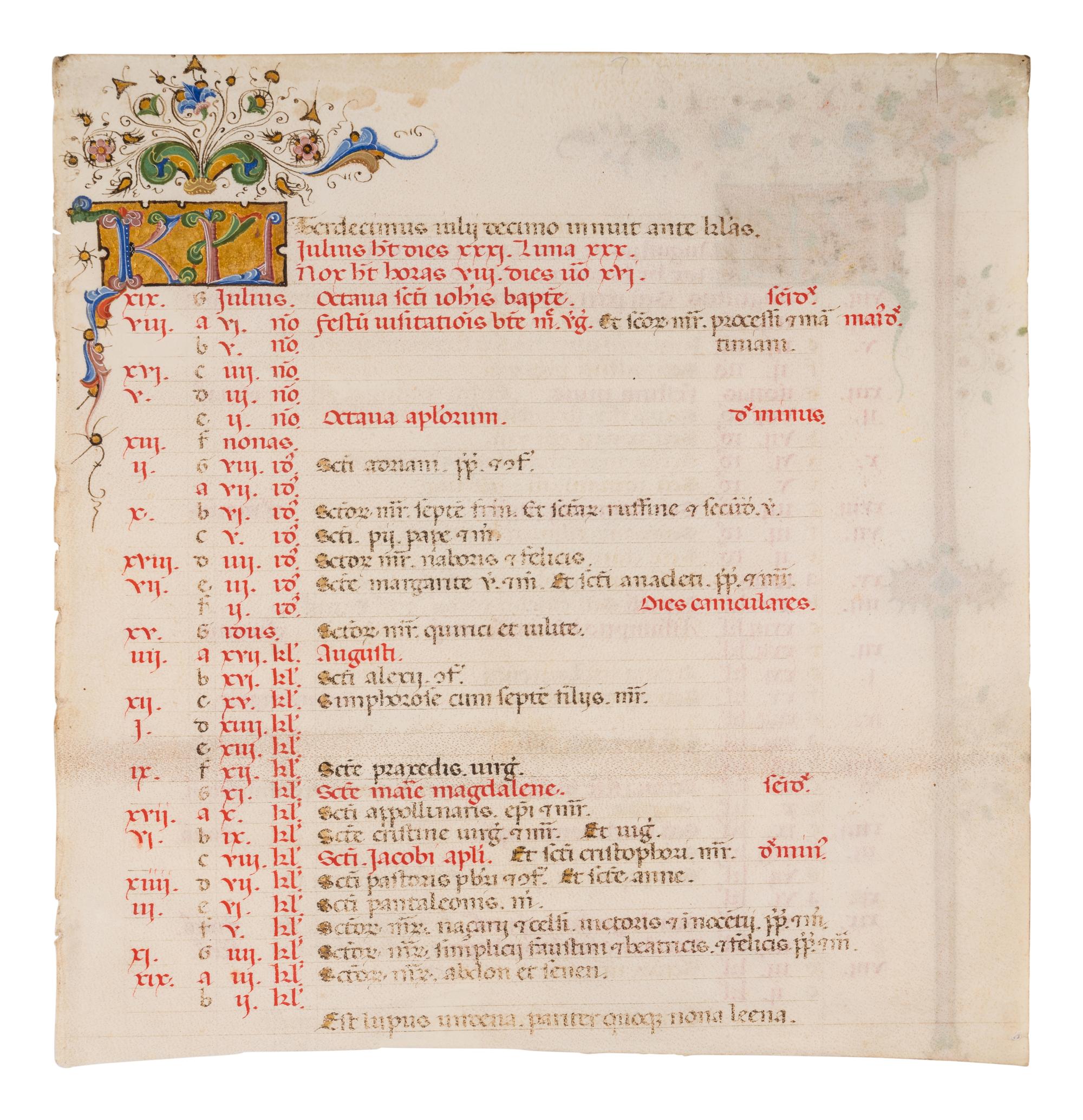GIORGIO D’ALEMAGNA (documented Ferrara, 1441-1462) A calendar leaf for July and August, presumably from the Breviary of Lionello d’Este, also known as the Llangattock Breviary, in Latin, illuminated manuscript on parchment [Italy, Ferrara, c. 1441-1448]