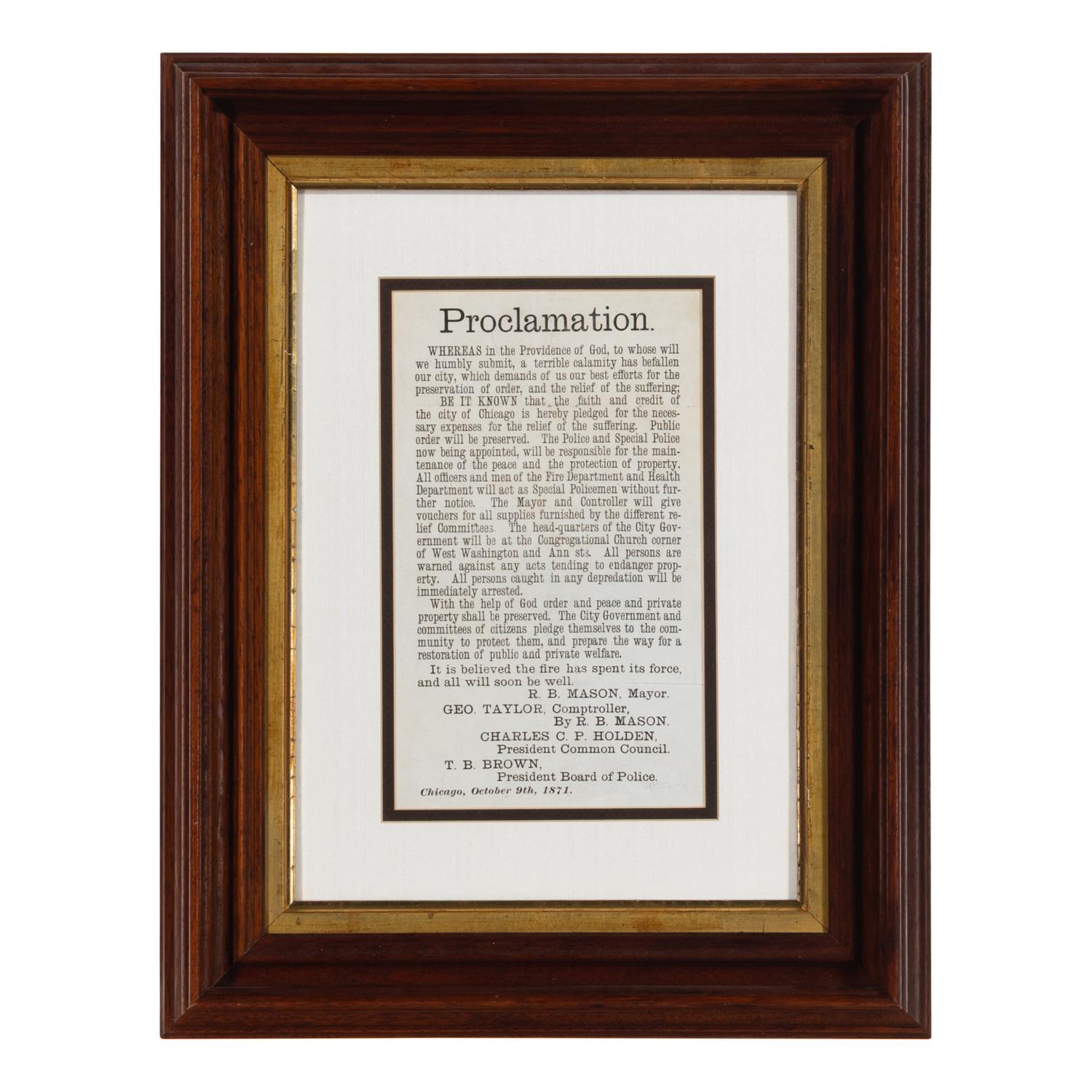 [Chicago Fire]. Proclamation. Chicago, IL: R.B. Mason, Mayor, 9 October 1871.
