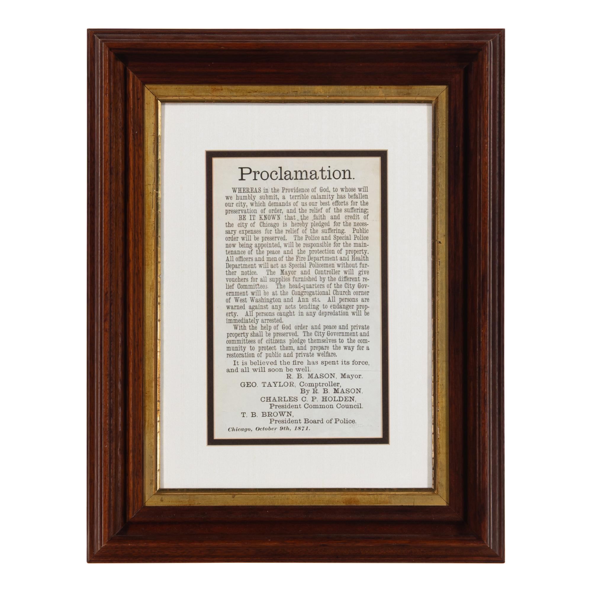 [Chicago Fire]. Proclamation. Chicago, IL: R.B. Mason, Mayor, 9 October 1871.