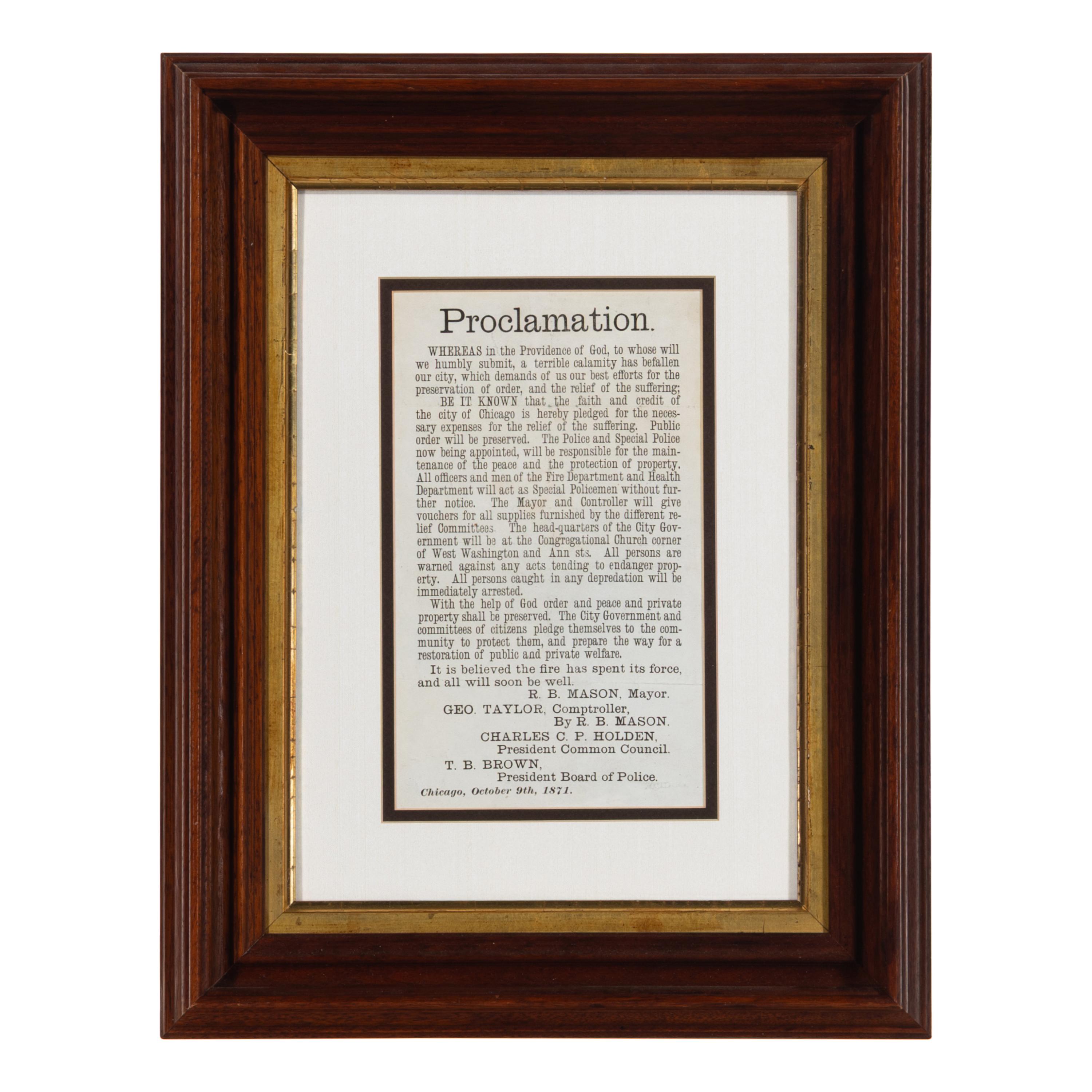 [Chicago Fire]. Proclamation. Chicago, IL: R.B. Mason, Mayor, 9 October 1871.