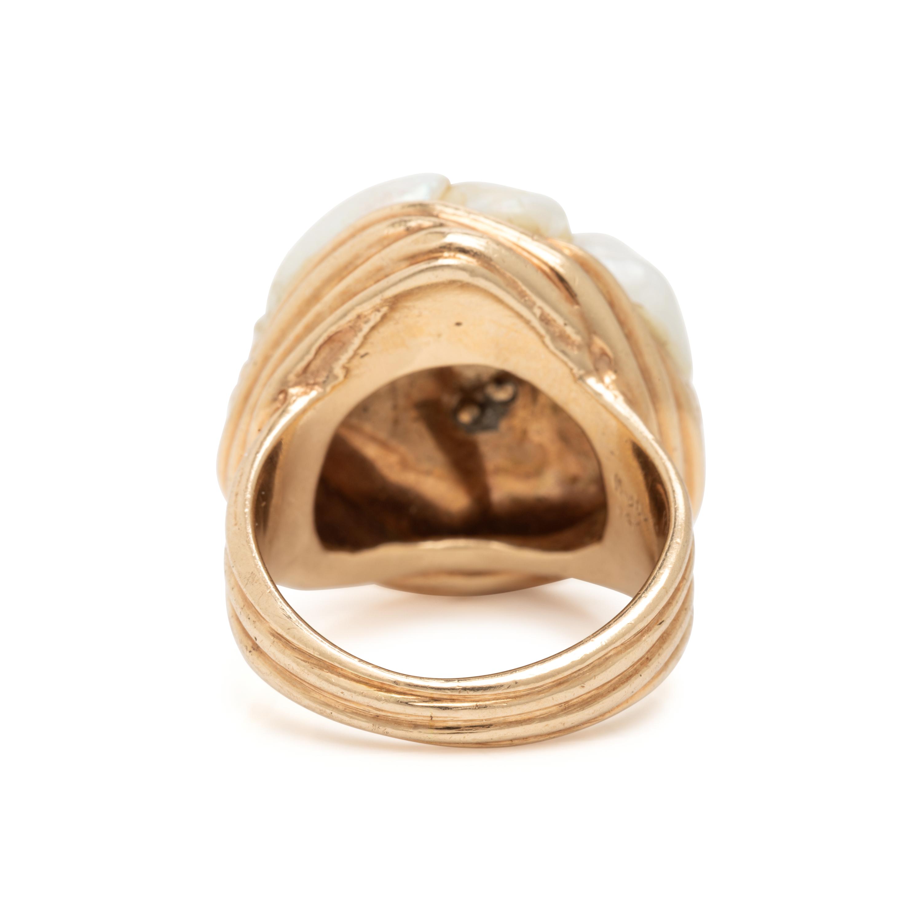 Ruser, Cultured Pearl, Diamond, and Yellow Gold Ring