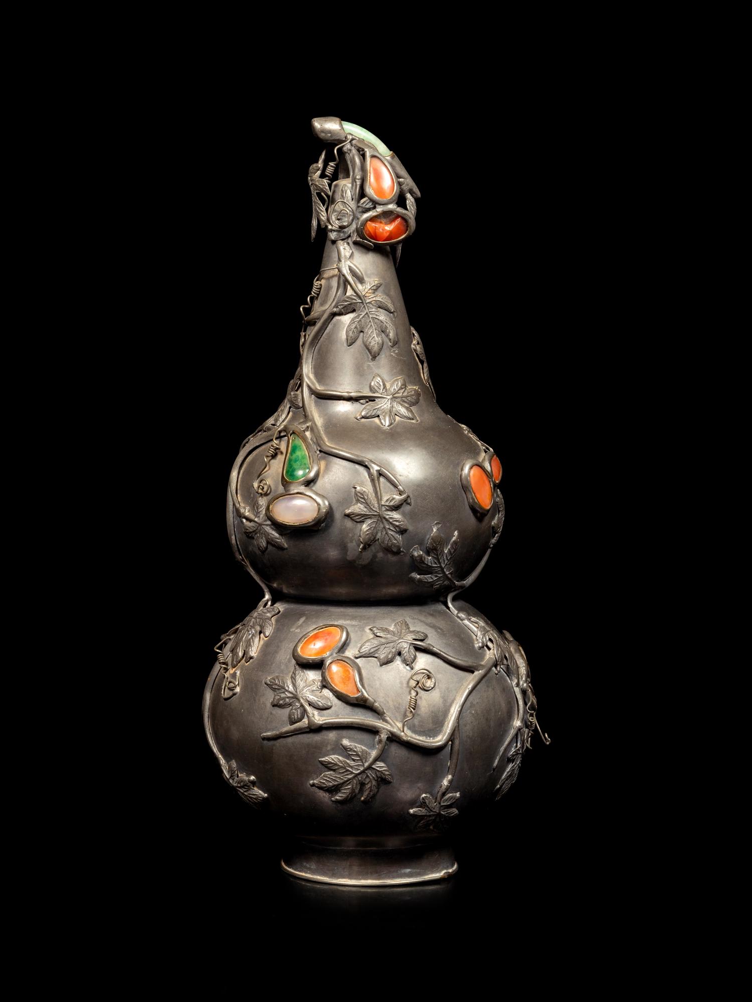 A Chinese Hardstone Inset Pewter Gourd-Form Vase