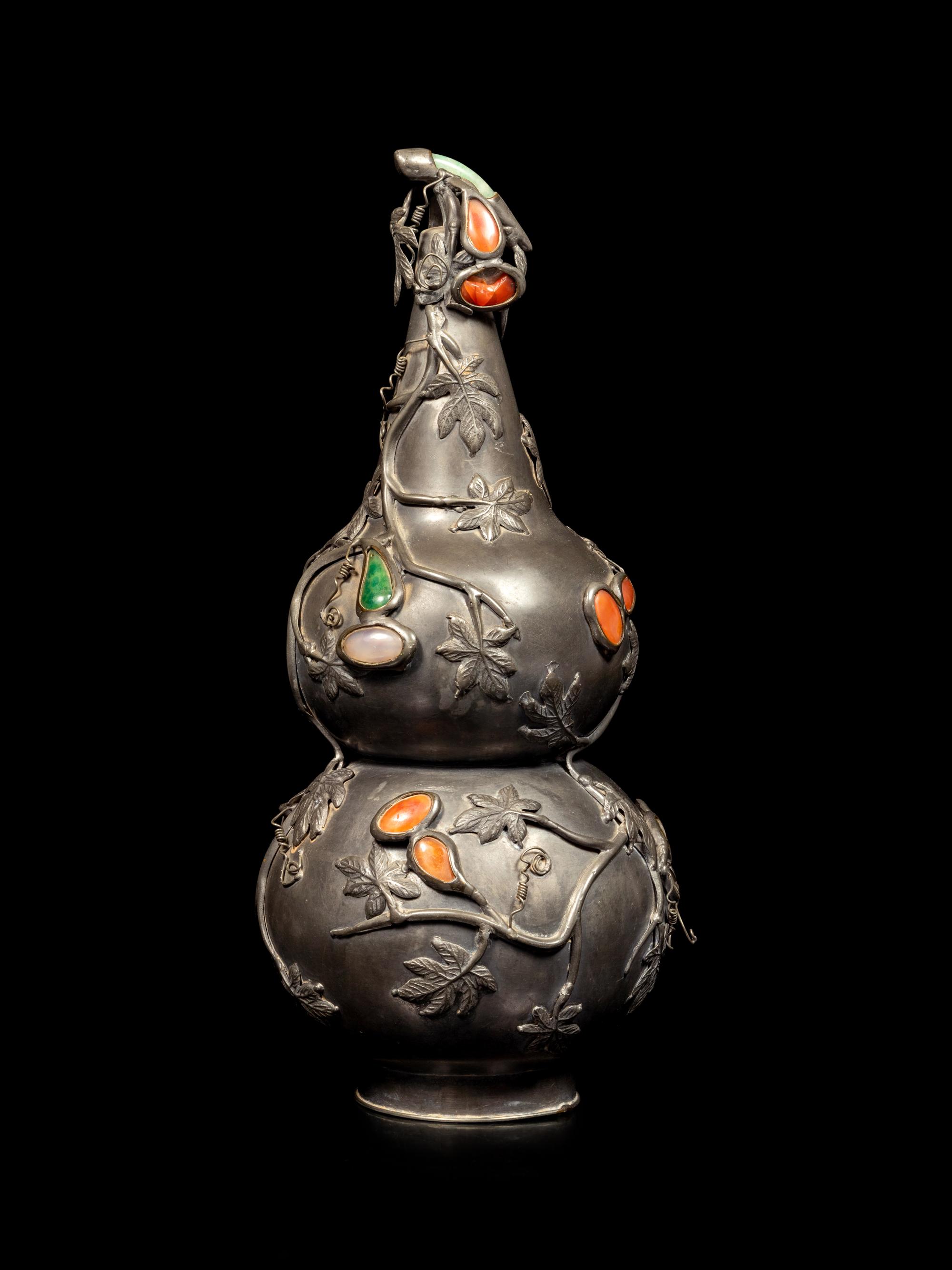 A Chinese Hardstone Inset Pewter Gourd-Form Vase