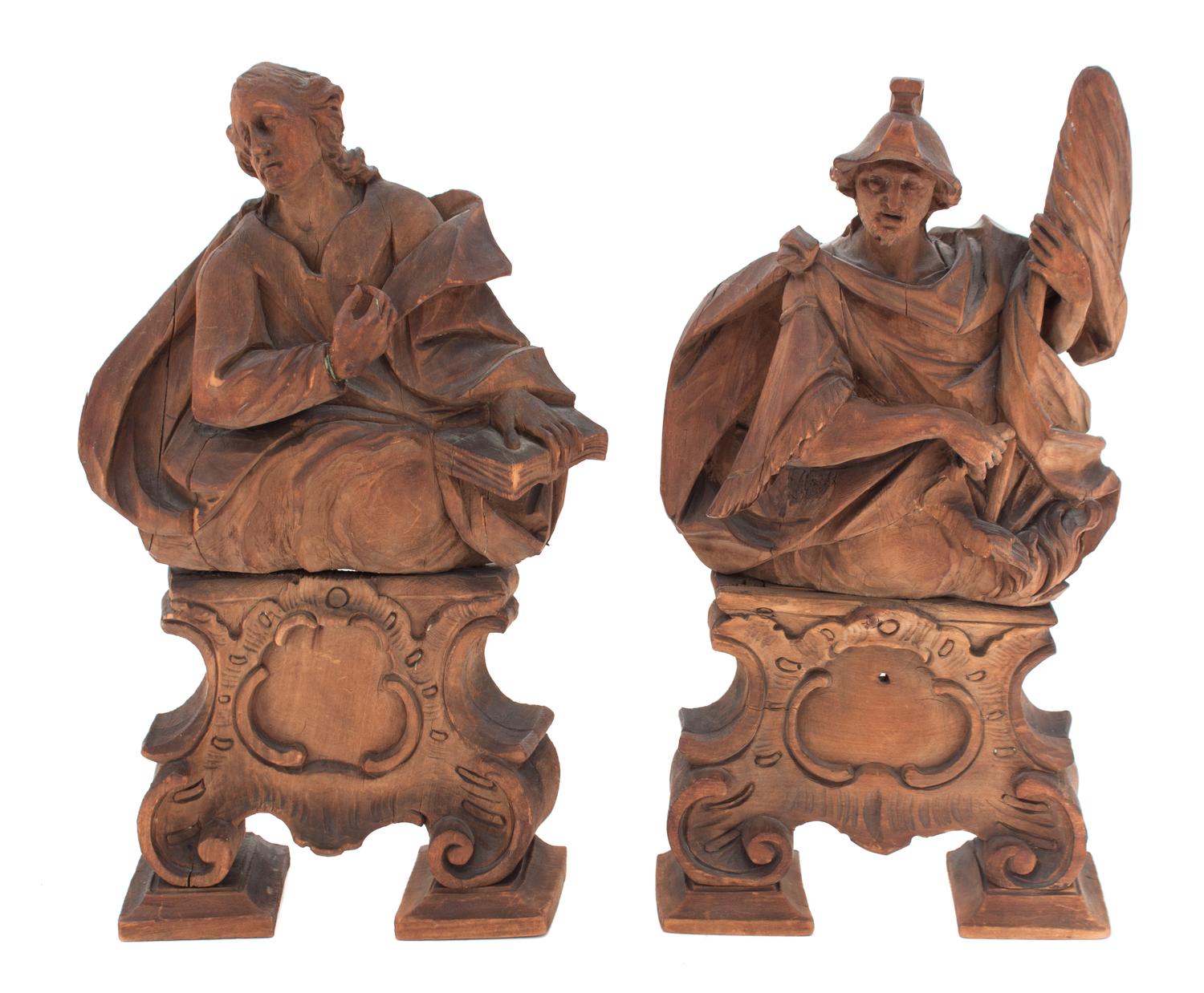 Two Carved Wood Articles Height 13 inches.