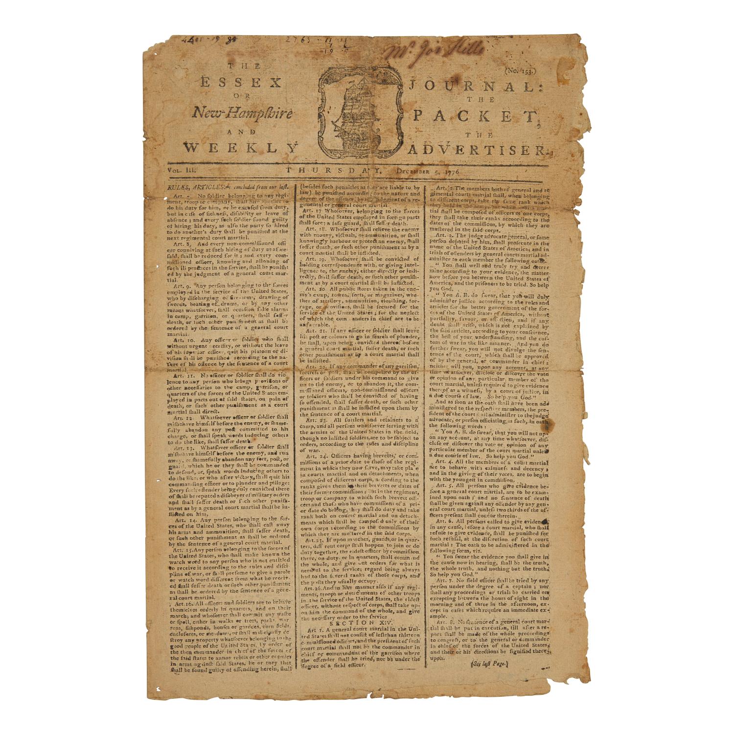[American Revolution] A Fine Patriot Newspaper with a Paul Revere Masthead, Printing the Final Sections of the 1776 American Articles of War, Passed by Congress on September 20, 1776
