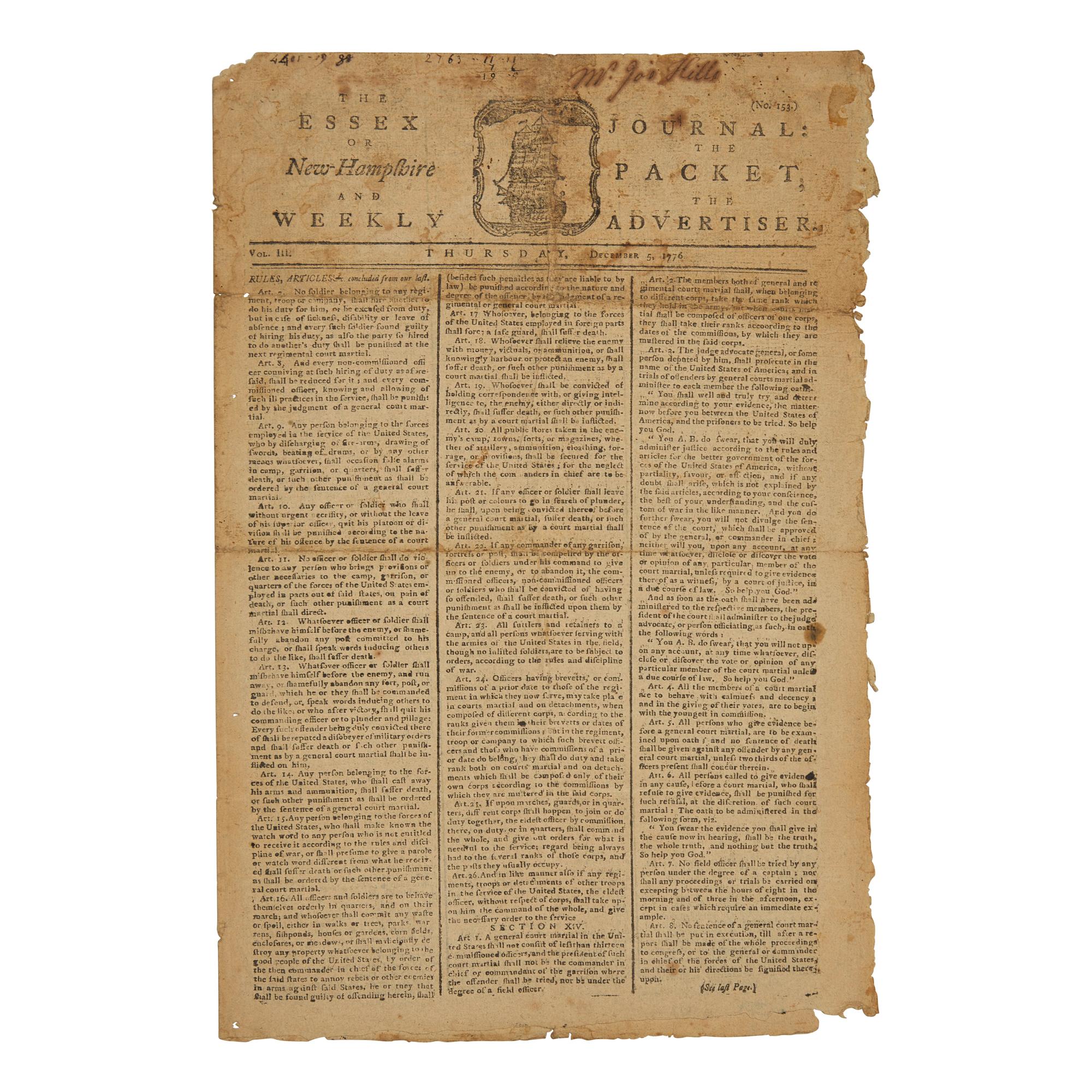 [American Revolution] A Fine Patriot Newspaper with a Paul Revere Masthead, Printing the Final Sections of the 1776 American Articles of War, Passed by Congress on September 20, 1776