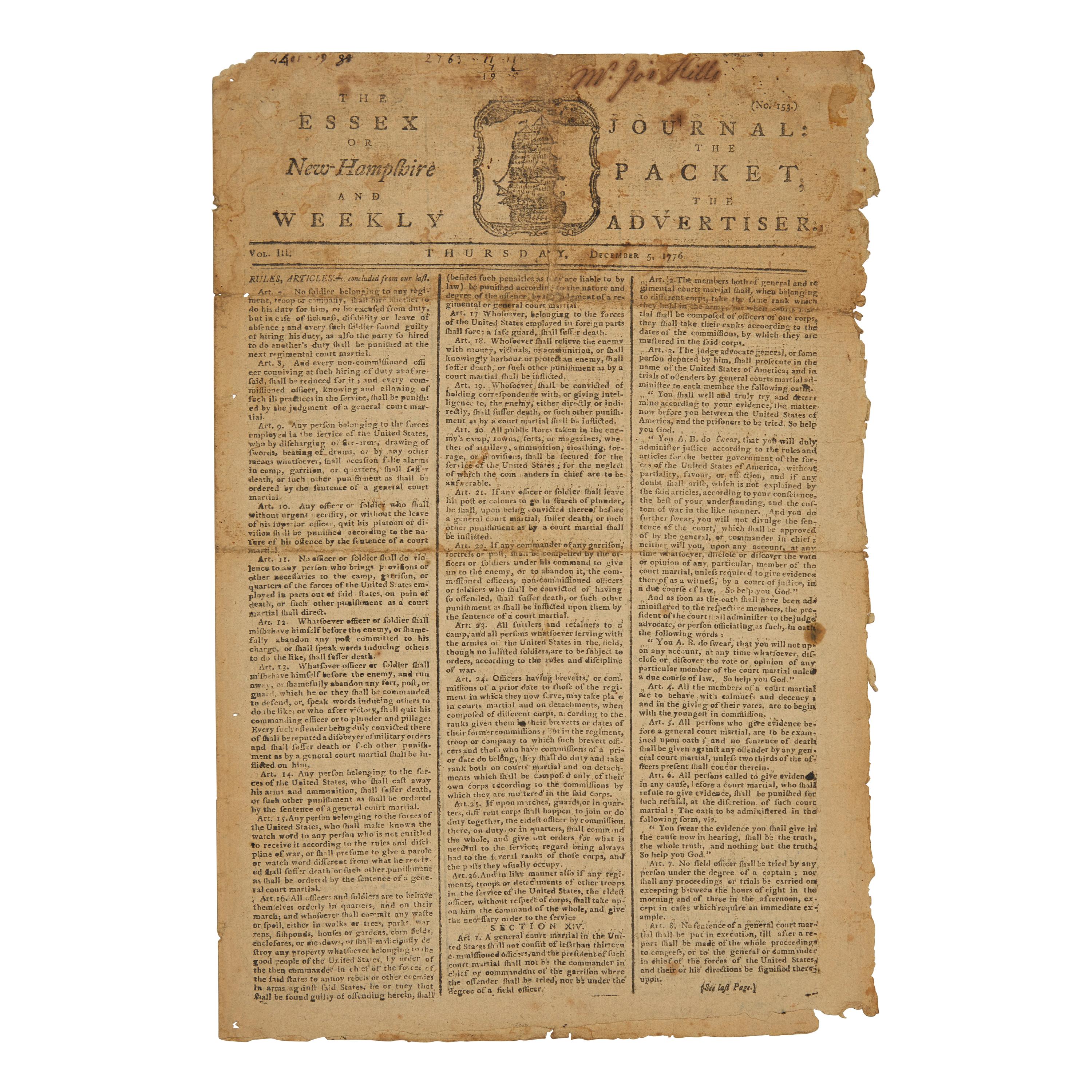 [American Revolution] A Fine Patriot Newspaper with a Paul Revere Masthead, Printing the Final Sections of the 1776 American Articles of War, Passed by Congress on September 20, 1776