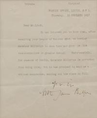 BALFOUR, Arthur James, 1st Earl. Prime Minister (1848-1930). Typed letter signed ("Arthur James Balfour"), as Secretary of State for Foreign Affairs, to Mr. Lynch. London, 15 November 1917.