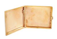 An Enameled Silvered Metal Cigarette Case, Early 20th Century, the lid enameled to show a seated nude playing two flutes in a garden se