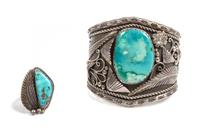 Southwestern Silver and Turquoise Bracelet and Ring Set Length of bracelet 5 1/4 x opening 1 1/8 x width 2 1/4 inches