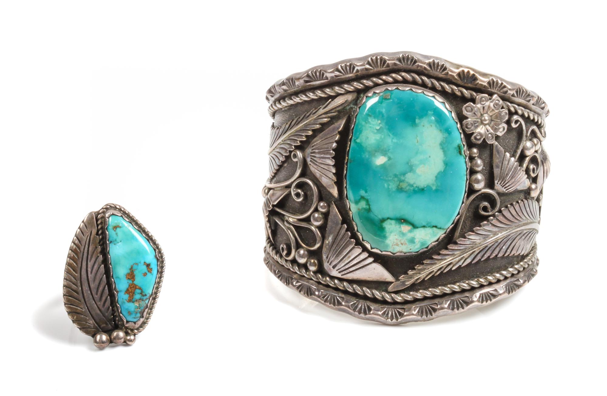 Southwestern Silver and Turquoise Bracelet and Ring Set Length of bracelet 5 1/4 x opening 1 1/8 x width 2 1/4 inches