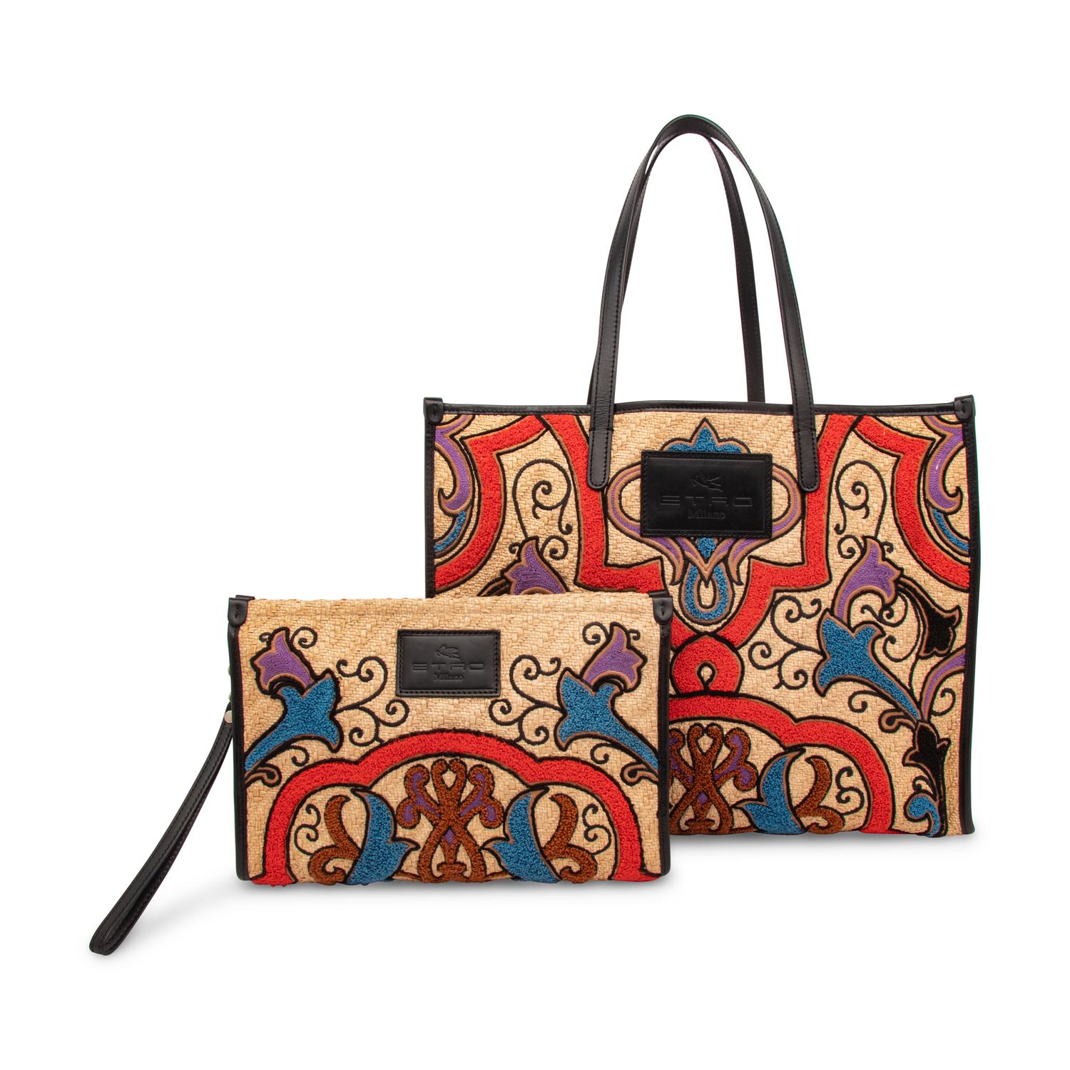 ETRO, EMBROIDERED RAFFIA LARGE TOTE & MATCHING CLUTCH