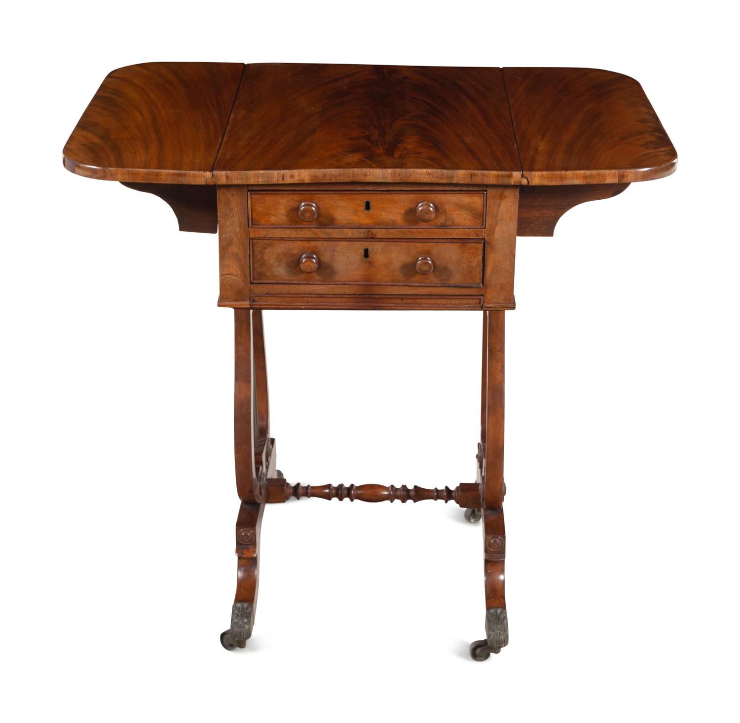 A Regency Style Figured Mahogany Two-Drawer Lyre-Base Work Table