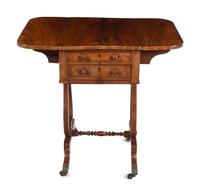 A Regency Style Figured Mahogany Two-Drawer Lyre-Base Work Table