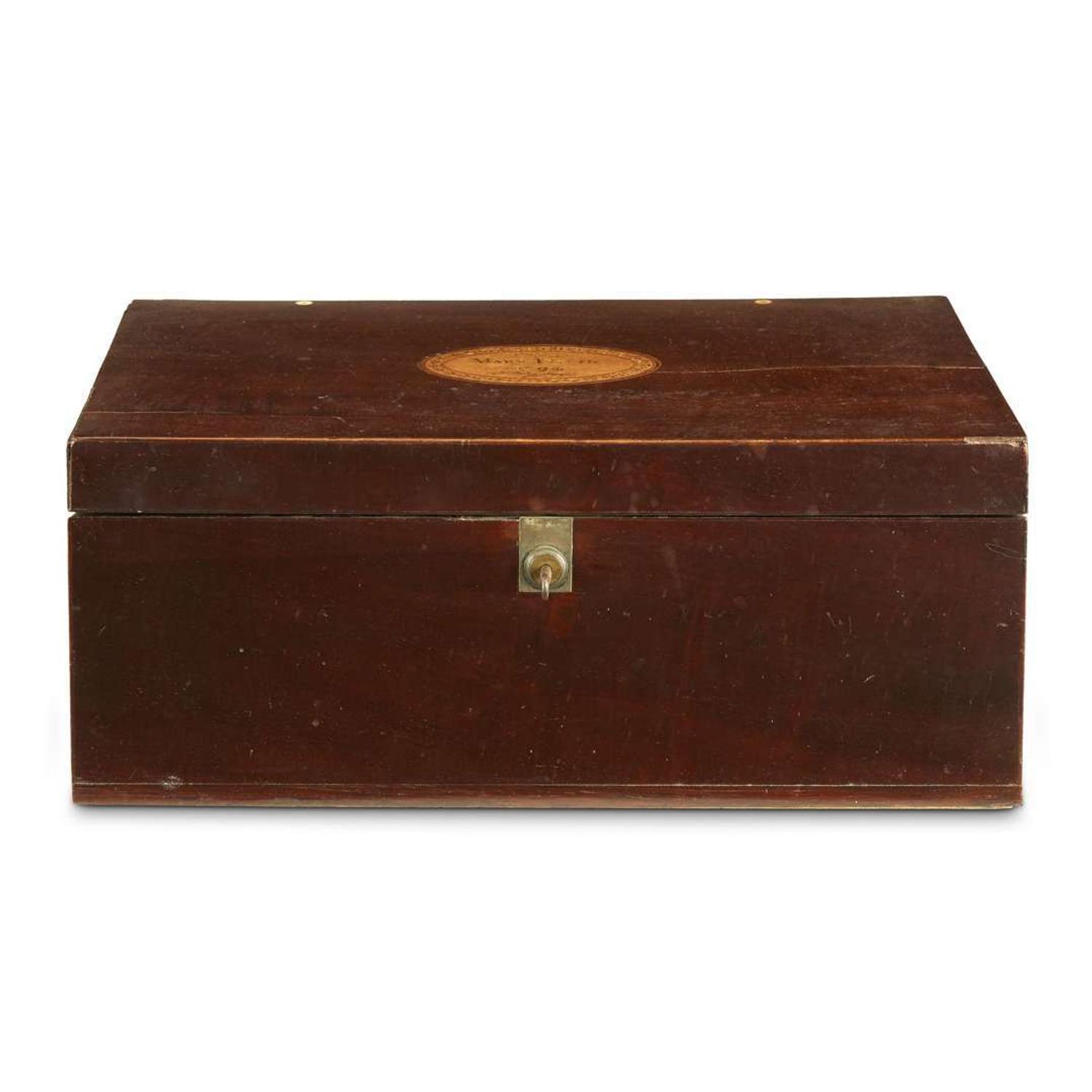 Inlaid mahogany writing box inscribed, "Mary Dixon 1794"