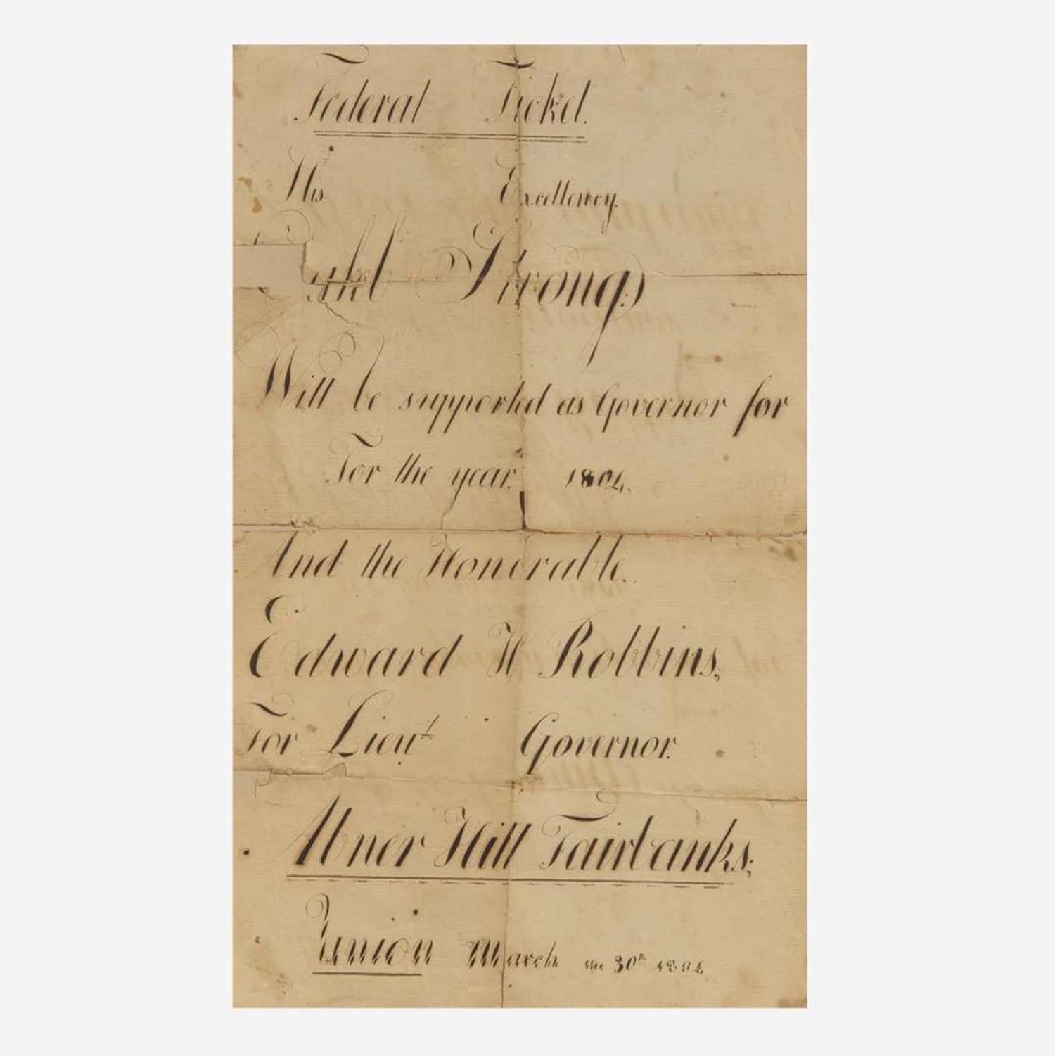 [Americana] [Strong, Caleb, et al.] Manuscript 1804 Massachusetts Gubernatorial Campaign Broadside