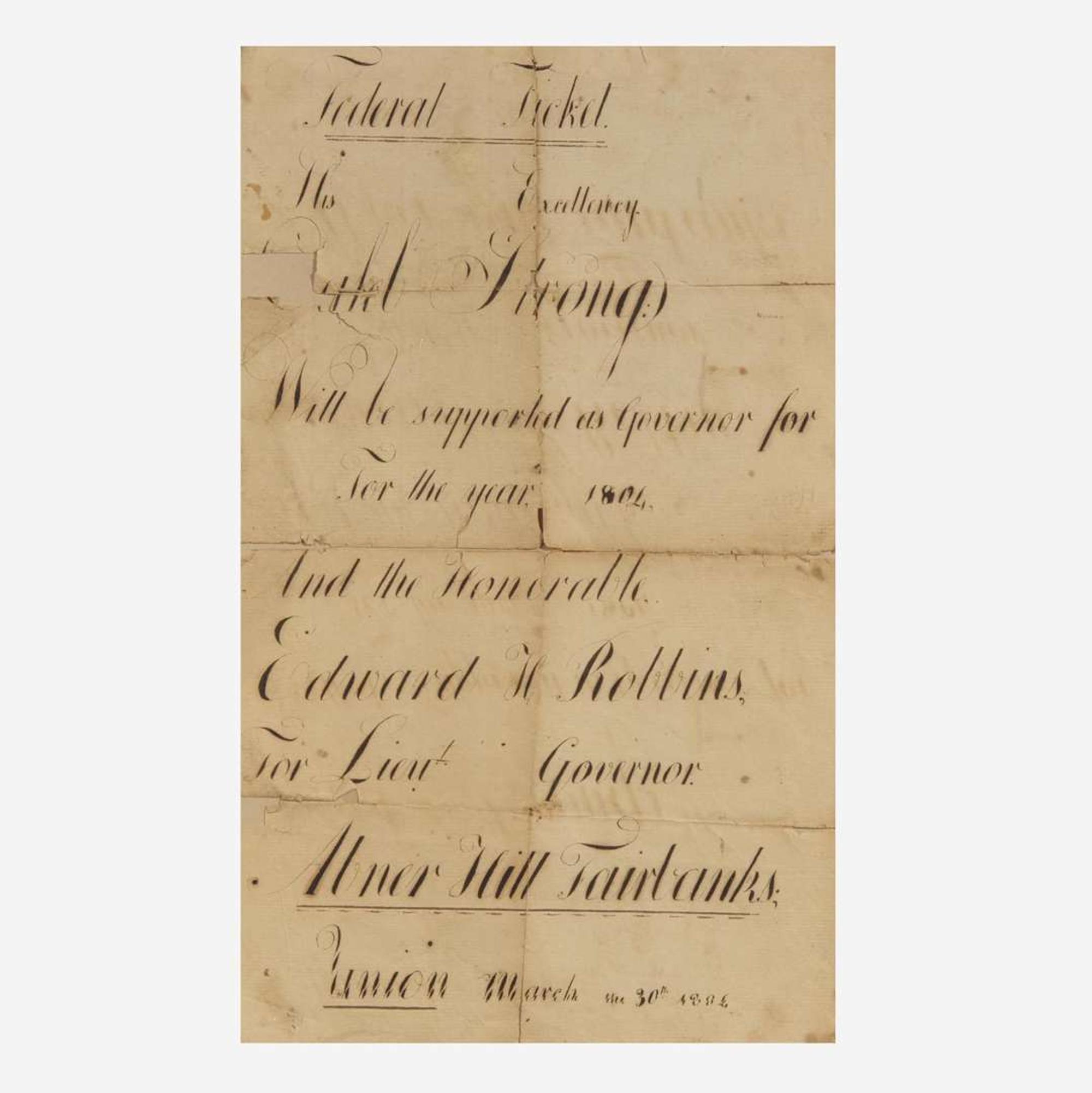 [Americana] [Strong, Caleb, et al.] Manuscript 1804 Massachusetts Gubernatorial Campaign Broadside