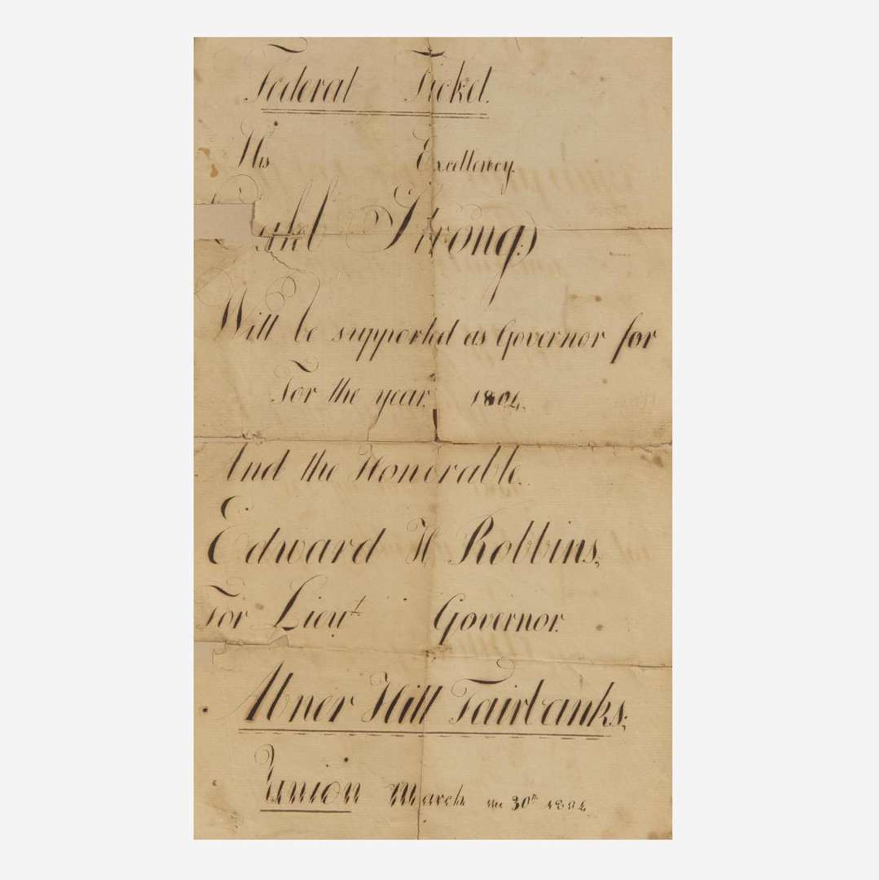 [Americana] [Strong, Caleb, et al.] Manuscript 1804 Massachusetts Gubernatorial Campaign Broadside