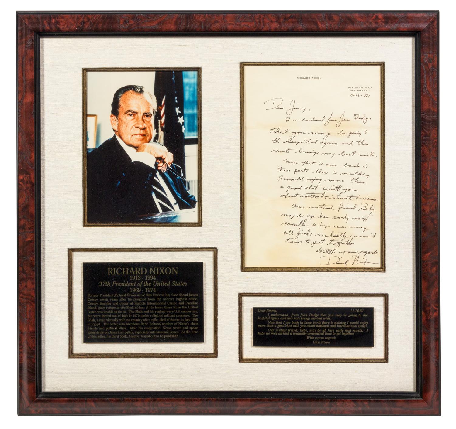 NIXON, Richard (1913-1994). Autograph letter signed ("Dick Nixon"), to James Crosby. New York, 16 November 1981.