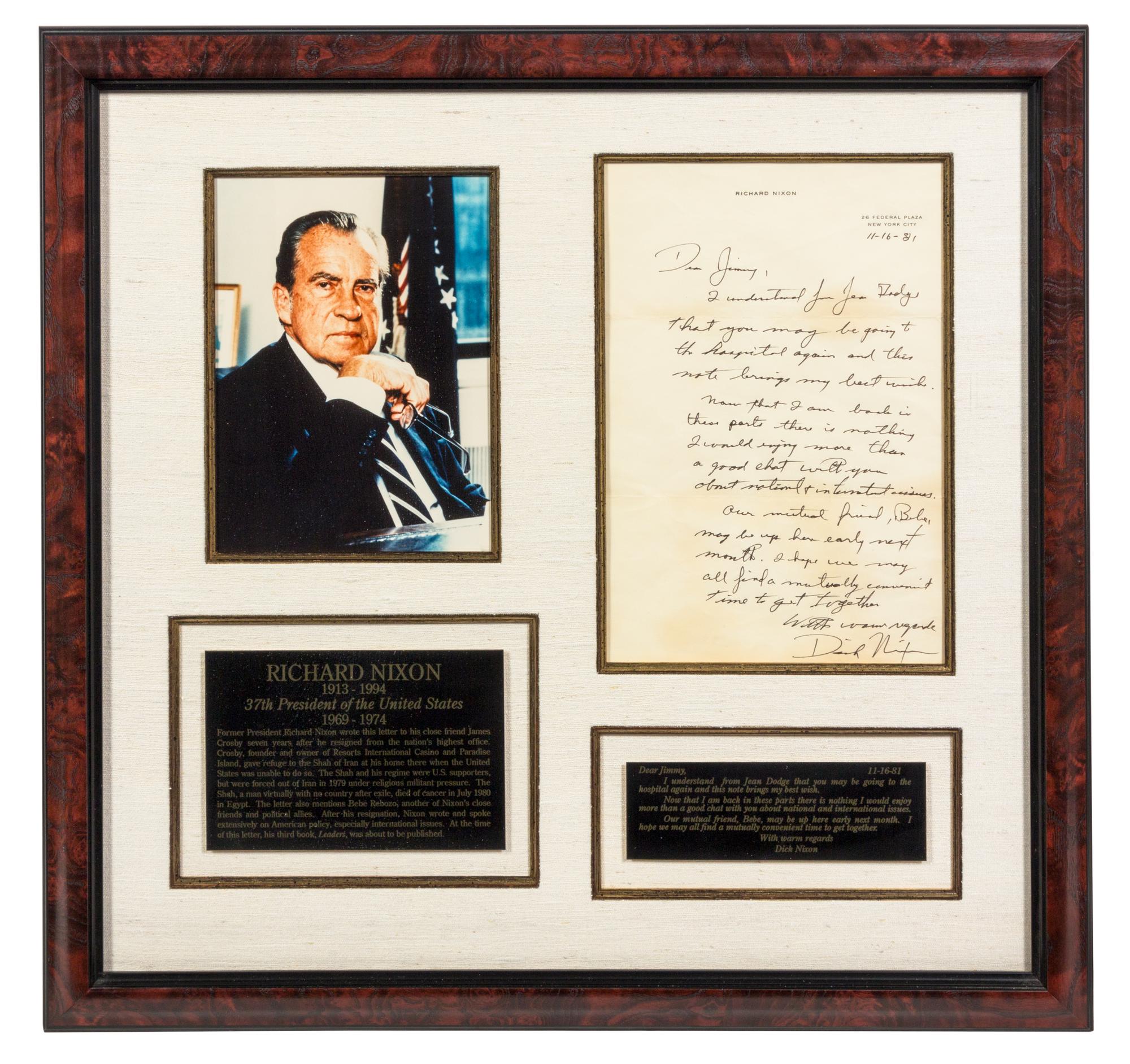 NIXON, Richard (1913-1994). Autograph letter signed ("Dick Nixon"), to James Crosby. New York, 16 November 1981.