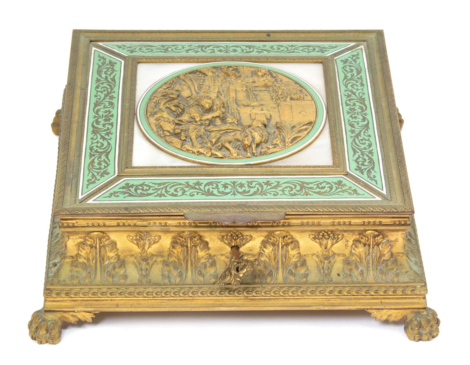 A French Gilt Bronze Covered Box with Enamel Decoration Height 3 x width 8 1/2 x depth 8 1/2 inches. — 19TH CENTURY