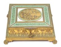 A French Gilt Bronze Covered Box with Enamel Decoration Height 3 x width 8 1/2 x depth 8 1/2 inches. — 19TH CENTURY