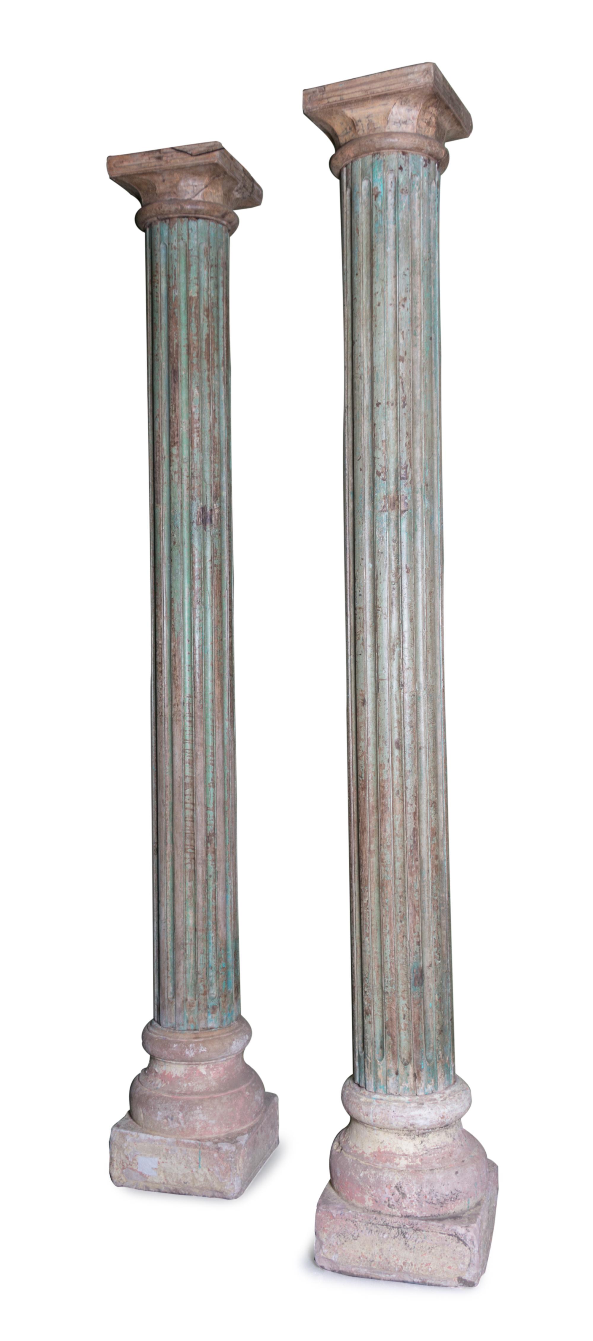 A Pair of Anglo-Indian Green Painted Fluted Wood Columns Height 117 inches. — 19TH CENTURY