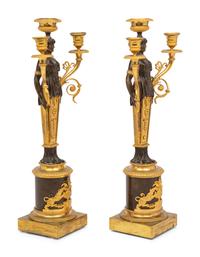A Pair of Restauration Ormolu and Patinated Bronze Figural Three-Light Candelabra