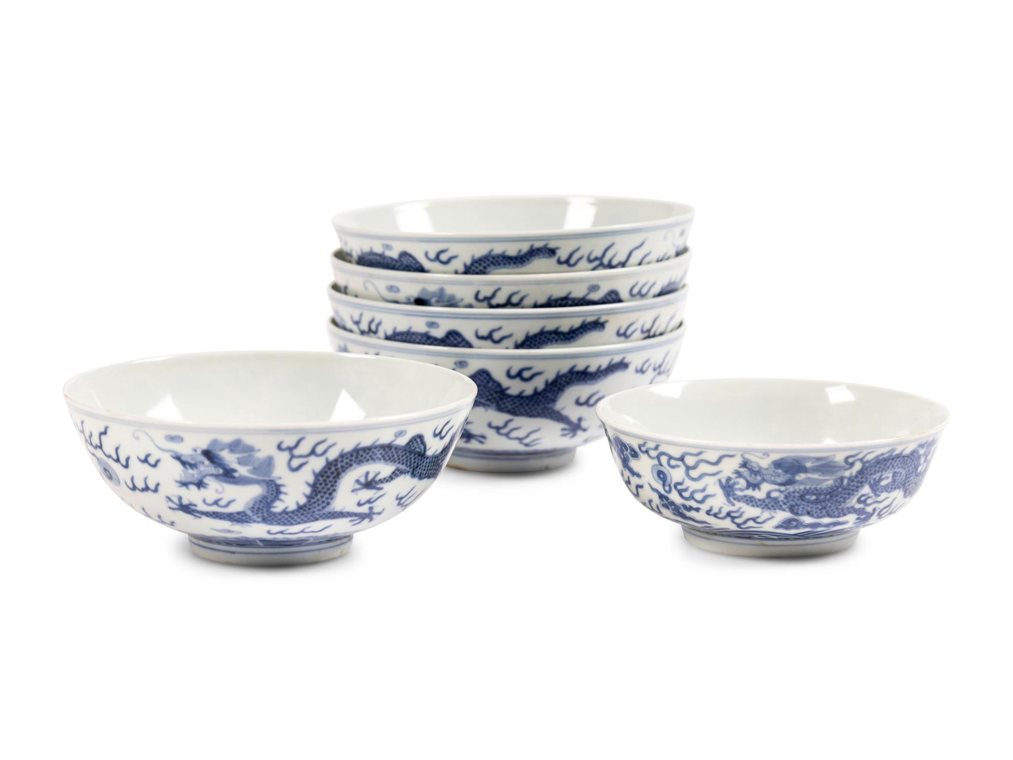 Six Chinese Blue and White Porcelain 'Dragon' Bowls