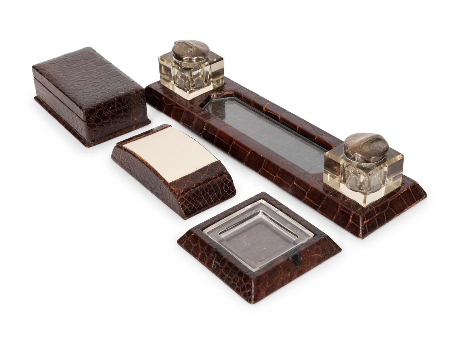 An Alligator Leather Desk Set