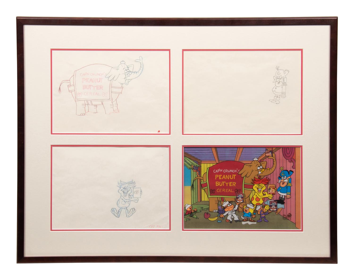 Cap'n Crunch TV Commercial Production Cel and 3 Animation Drawings.
