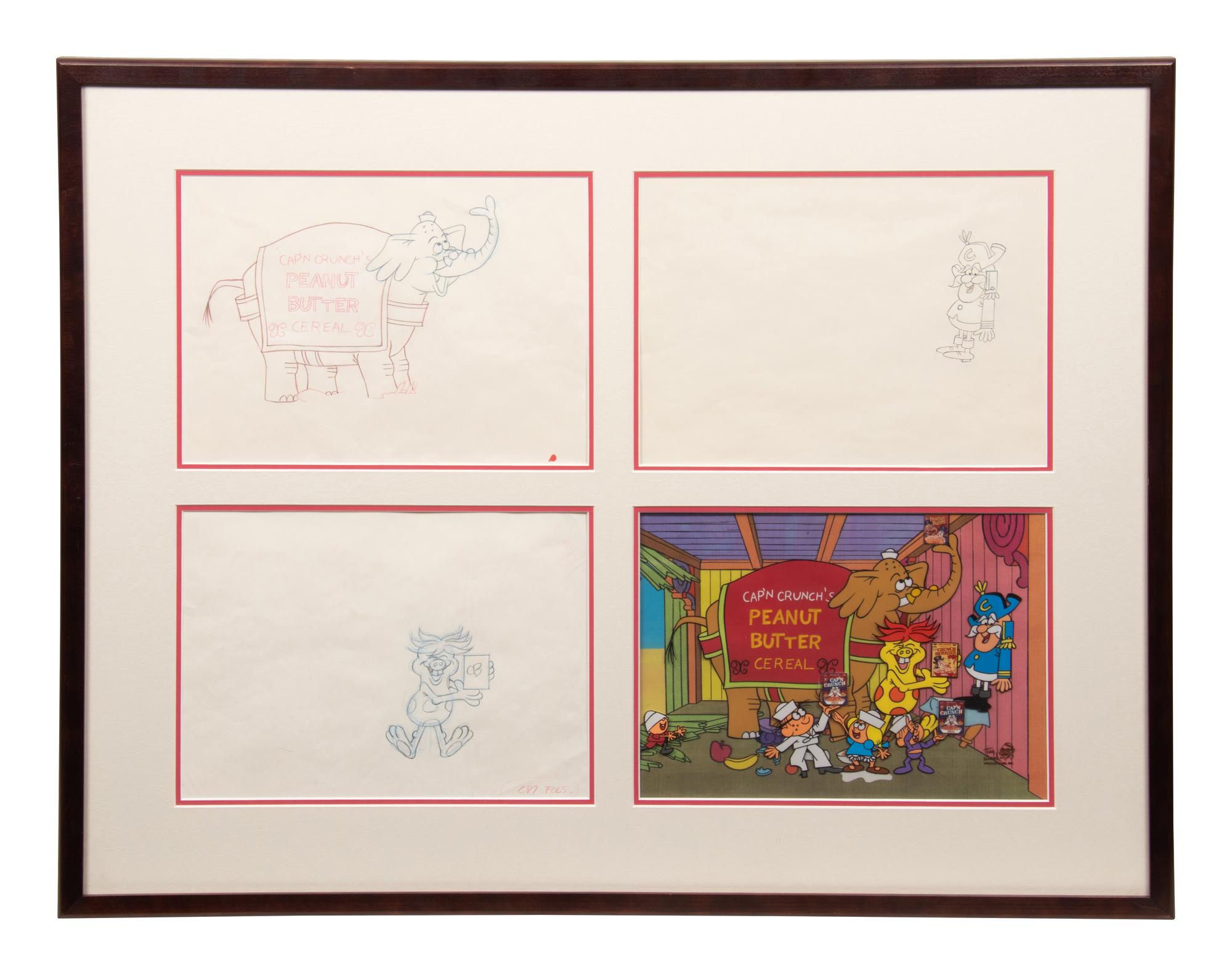 Cap'n Crunch TV Commercial Production Cel and 3 Animation Drawings.