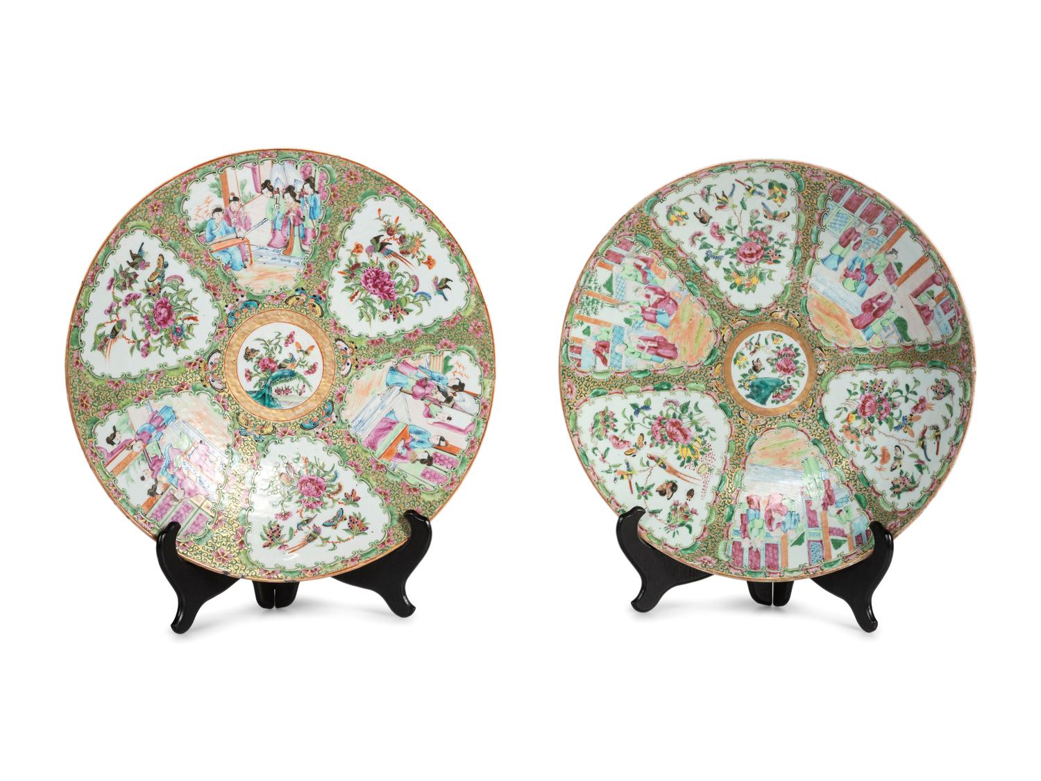 A Pair of Chinese Export Rose Medallion Porcelain Chargers