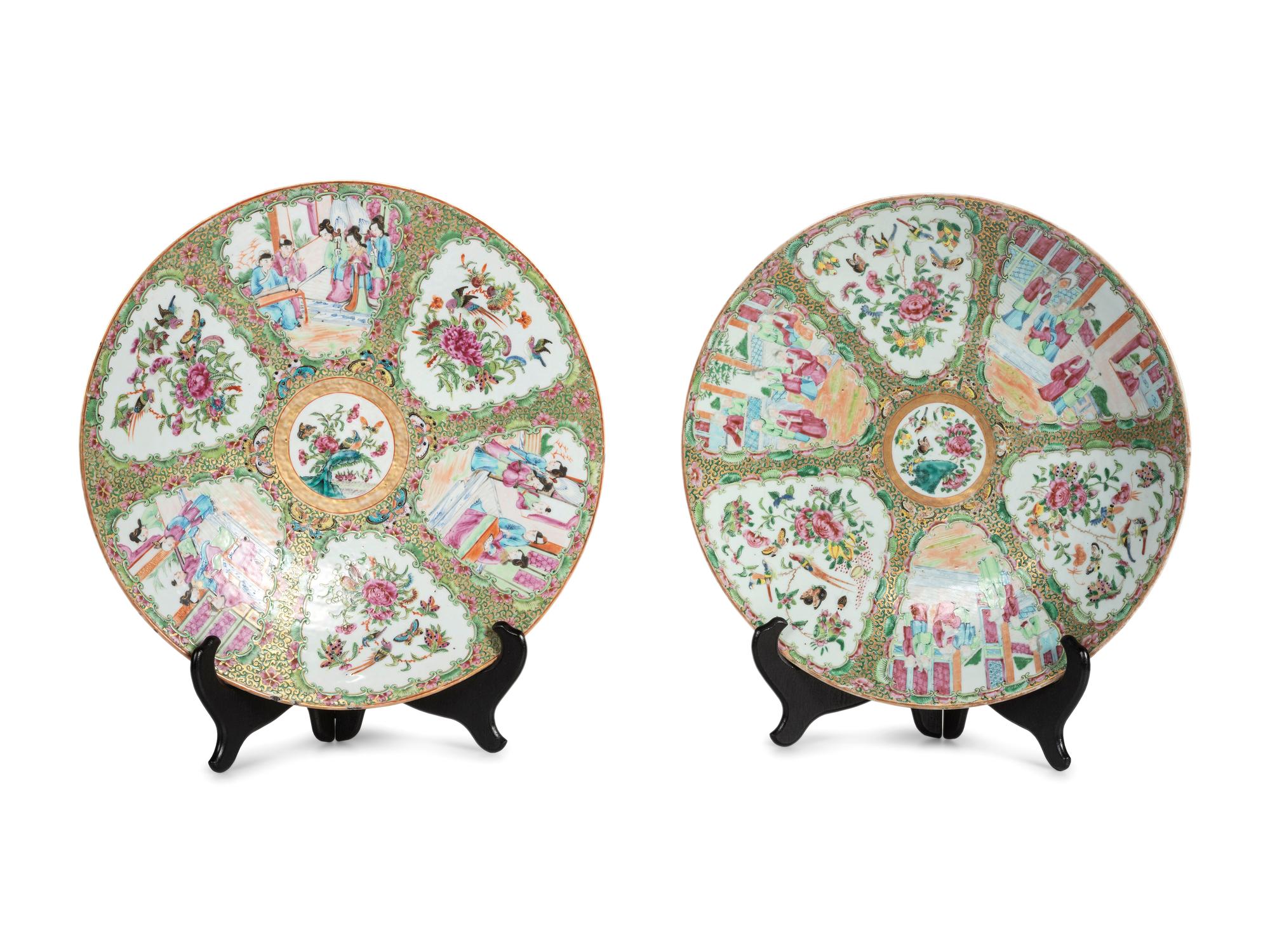 A Pair of Chinese Export Rose Medallion Porcelain Chargers