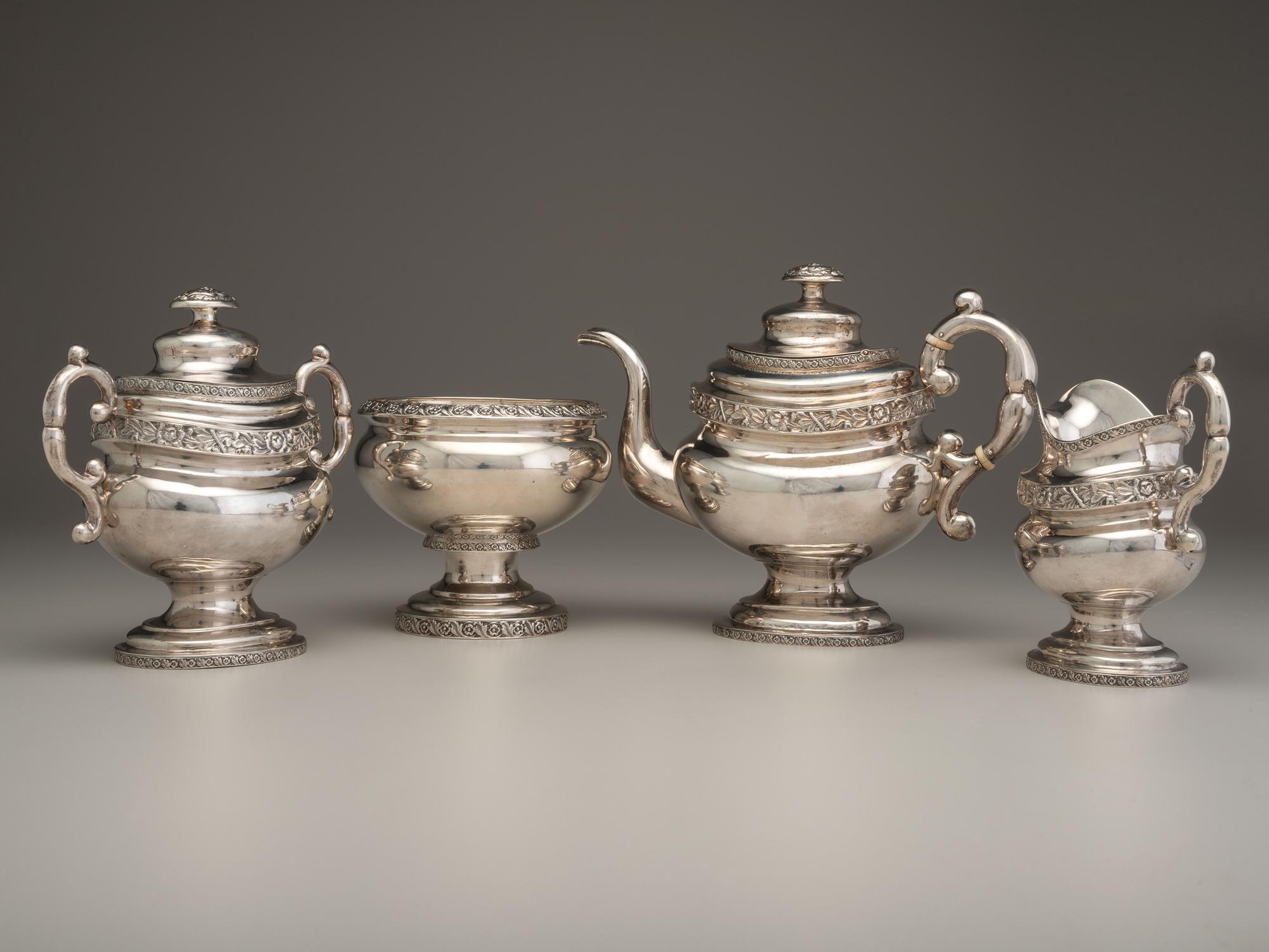 A Thomas Richards Coin Silver Three-Piece Tea Service and Associated Bowl
