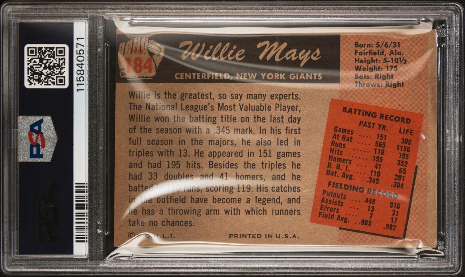 A 1955 Bowman Willie Mays Baseball Card No. 184 (PSA 4 VG-EX)