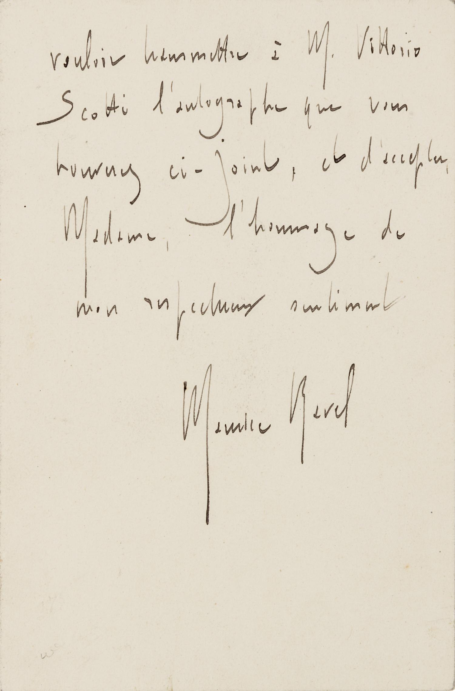 RAVEL, Maurice (1875-1937). Autograph letter signed ("Maurice Ravel") to an unnamed recipient. St. Cloud, 29 September 1919.