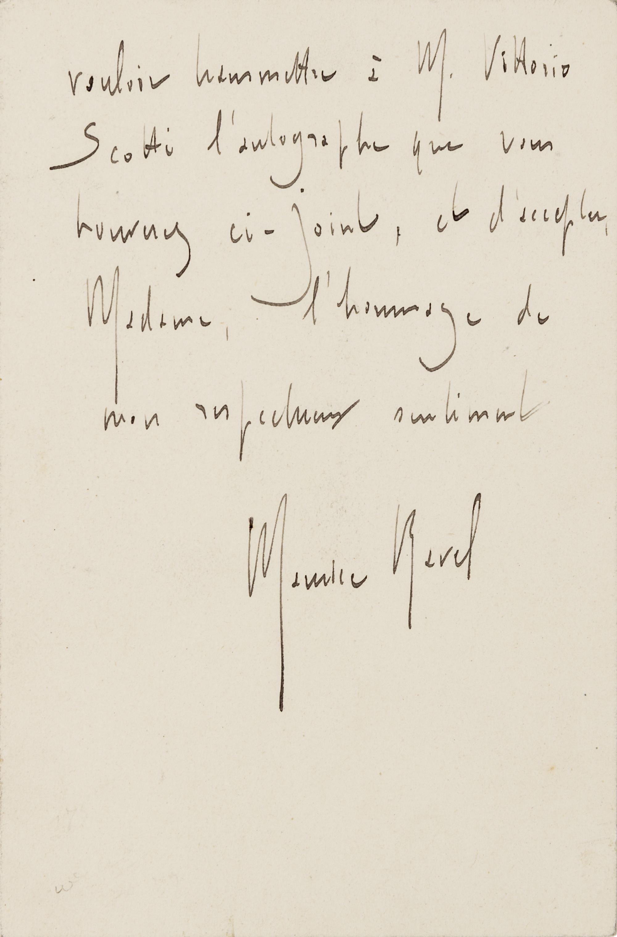 RAVEL, Maurice (1875-1937). Autograph letter signed ("Maurice Ravel") to an unnamed recipient. St. Cloud, 29 September 1919.